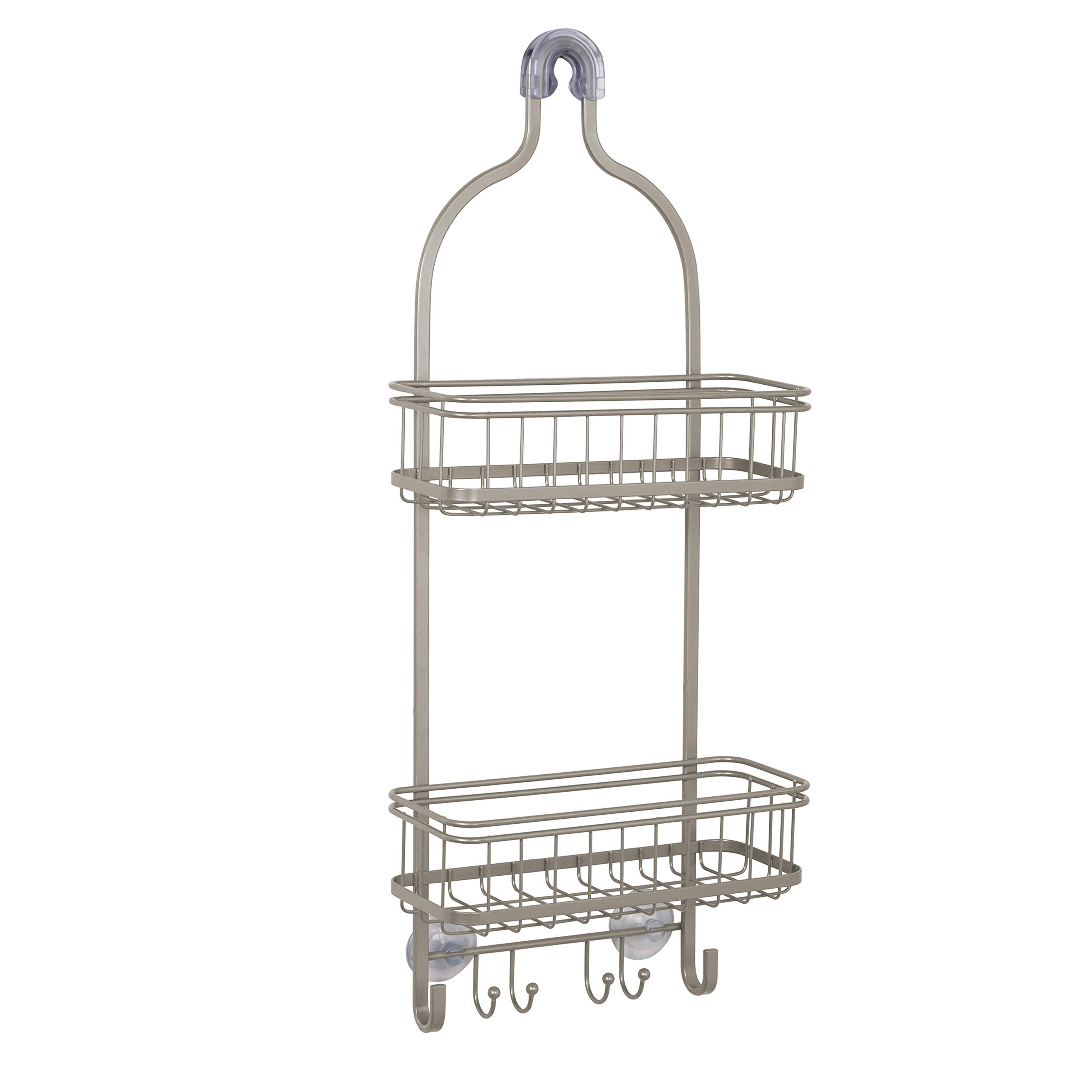 Zenna Home Hanging Over-the-Shower Caddy, Rust-Resistant Satin Nickel Steel - 2 Deep Baskets, Hooks for Razors and Poufs, Non-Sl