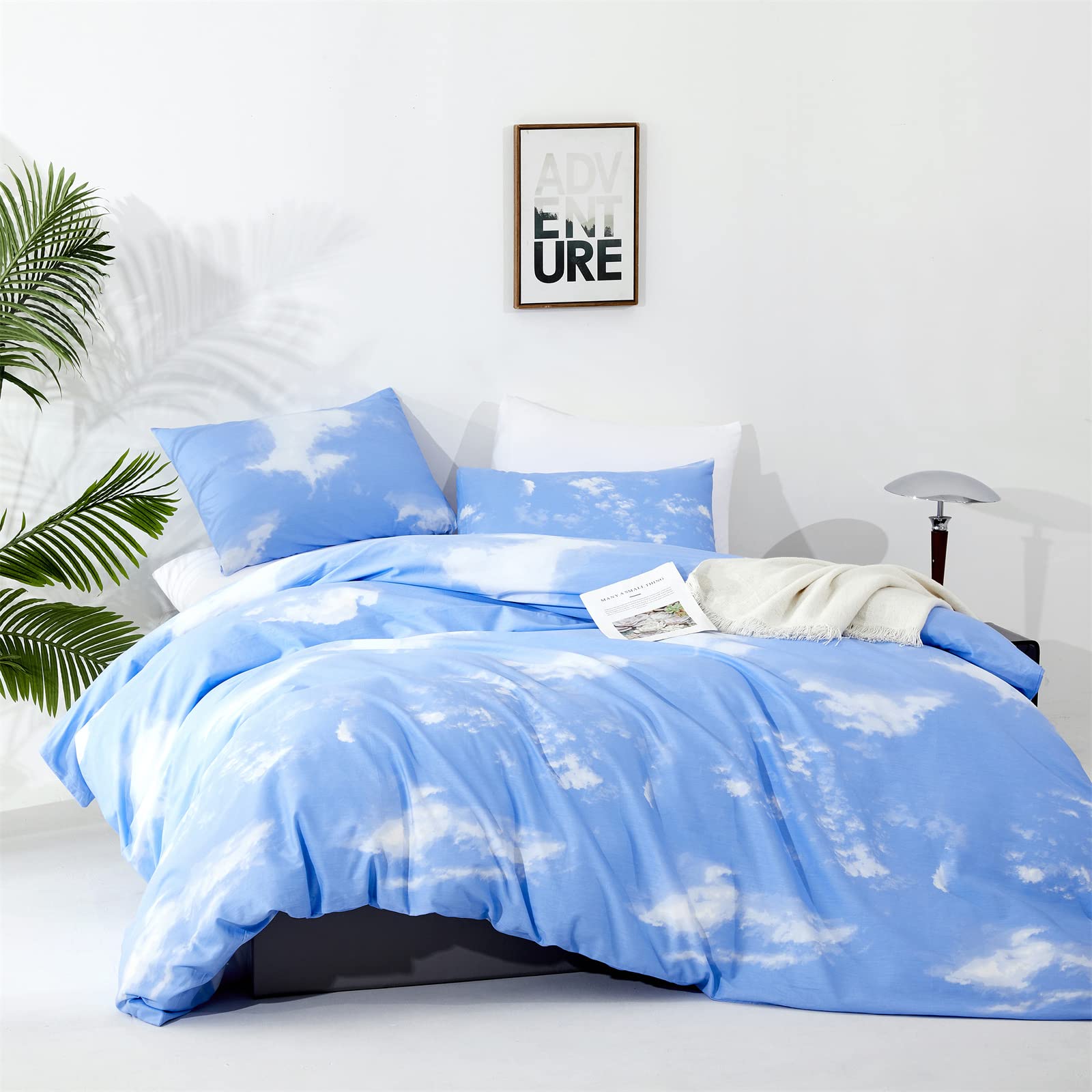 Clothknow Blue Cloud Queen Comforter Set 3Pcs Blue White Bedding Comforter Sets Blue Queen Comforter Soft Light Blue Cloud Queen Size Comforter Sets
