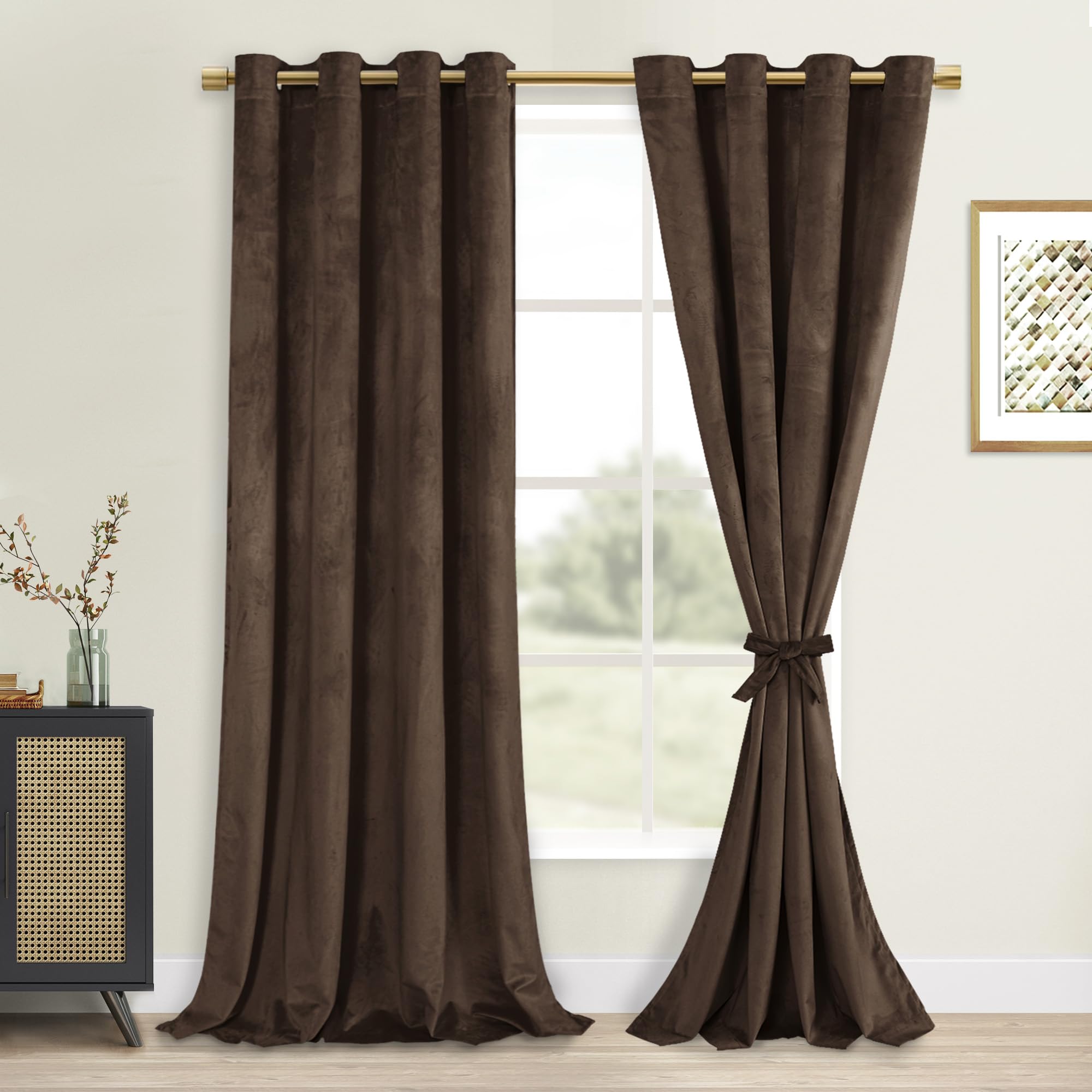 DWCN Dark Brown Blackout Velvet Curtains - 84 Inches Long Refresh Bundleable Heavy Duty Thermal Insulated Grommet Window Panels 