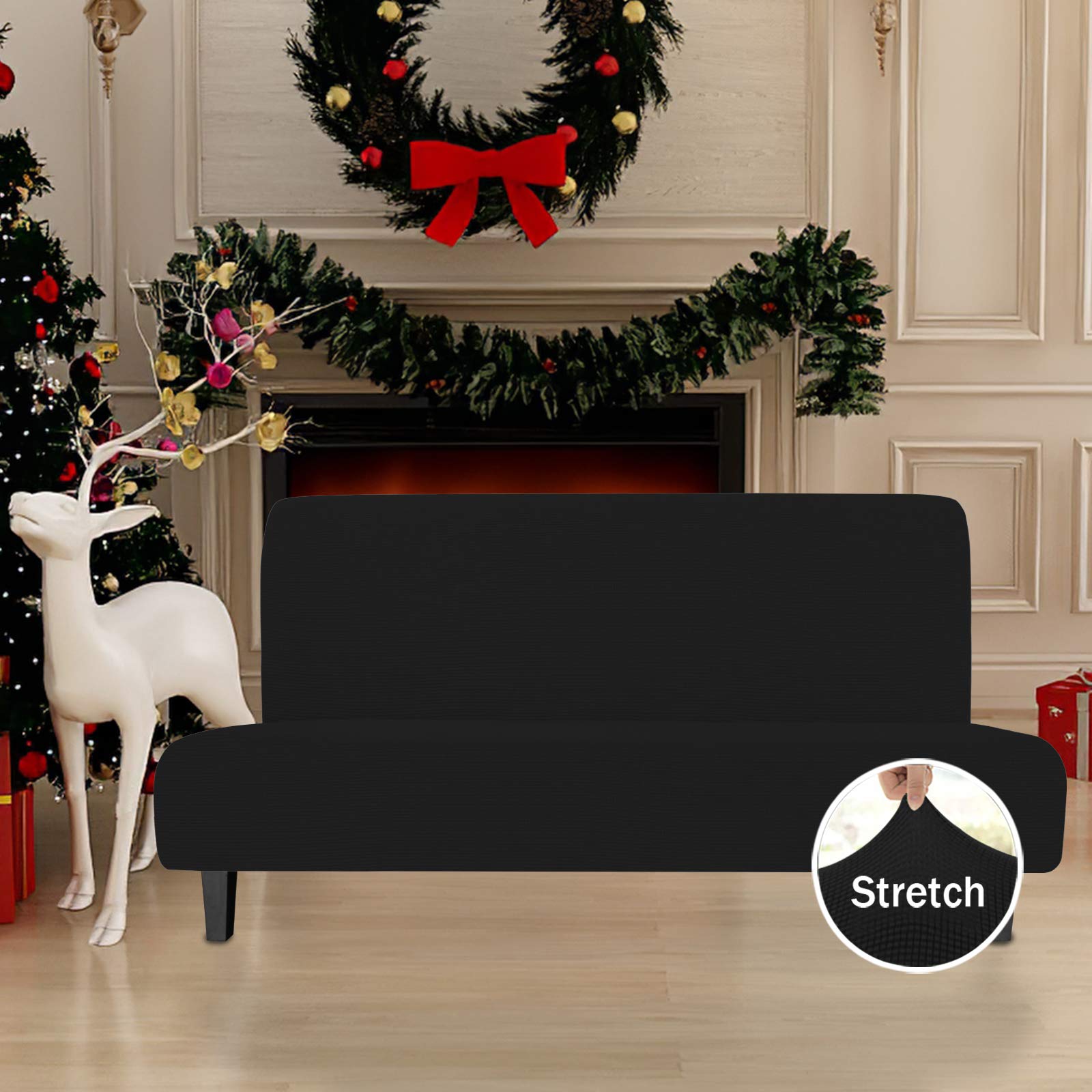 Easy-Going Stretch Futon Slipcover Armless Futon Bed Cover Furniture Protector Without Armrests With Elastic Bottom For Kids, Soft Jacquard Fabric Small Checks (Large, Black)