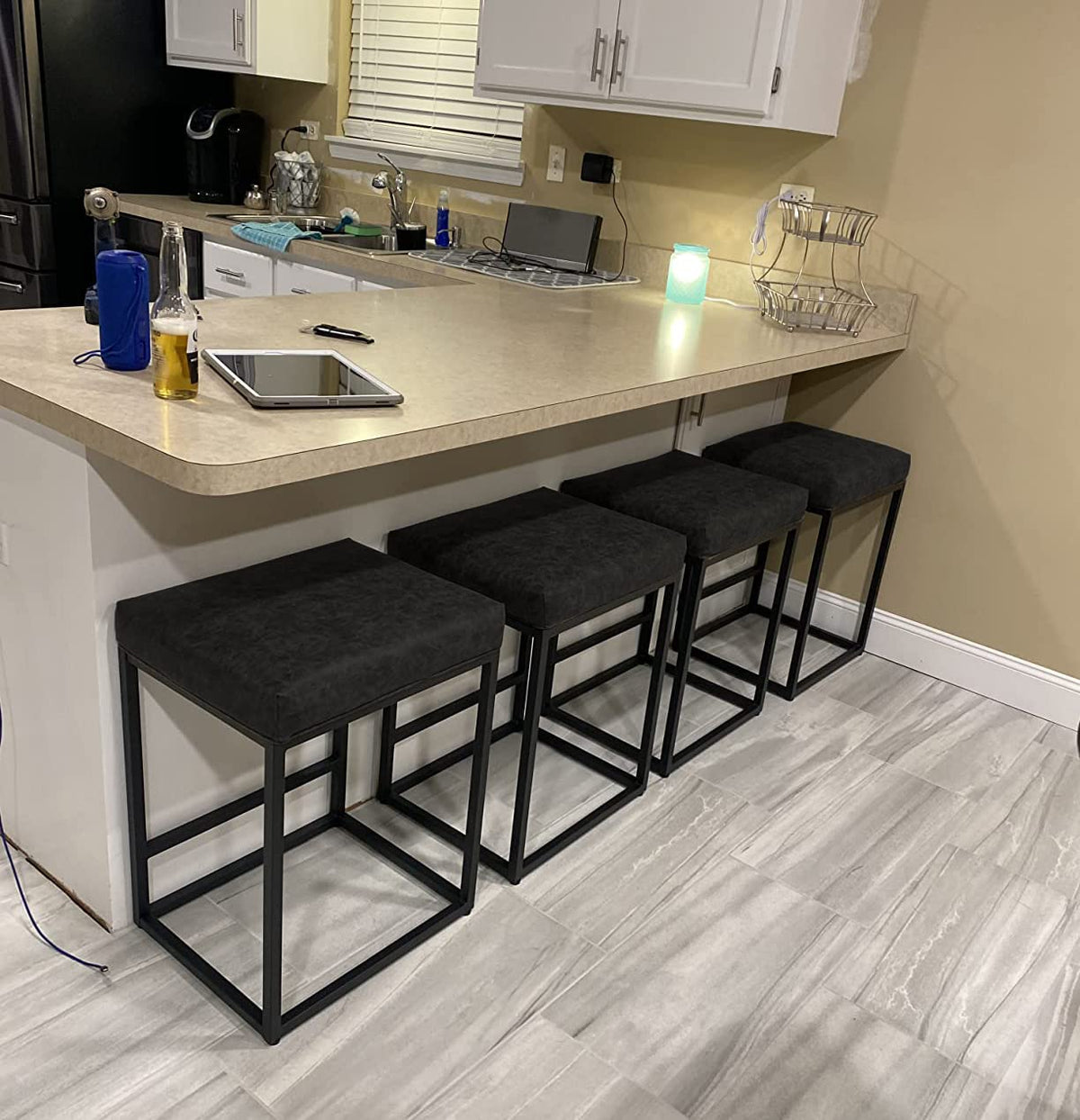 Maison Arts Black Counter Height 24' Bar Stools Set Of 4 For Kitchen Counter Backless Modern Square Barstools Upholstered Faux Leather Stools Farmhouse Island Chairs, (24 Inch,Black)