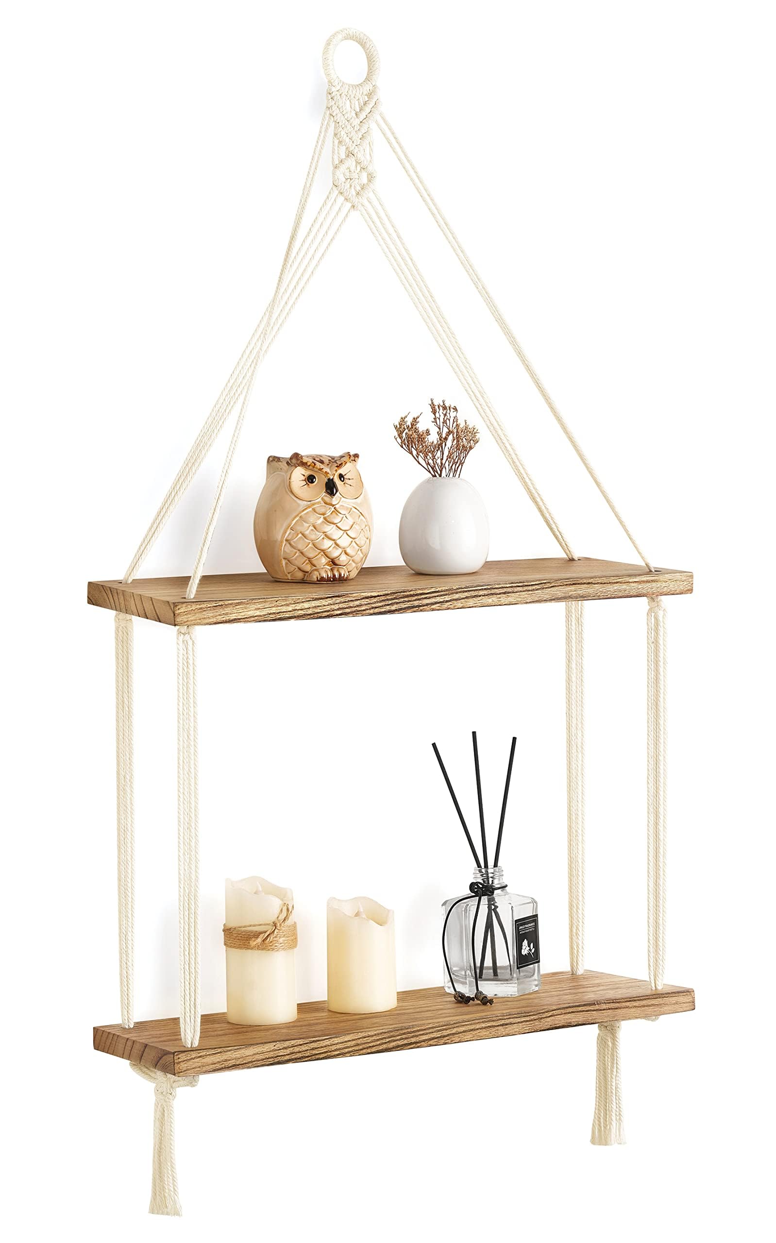 Mkono Macrame Hanging Shelf Boho Wall Decor 2 Tier Handmade Cotton Rope Rustic Wood Floating Shelves Display Photos Plants Hangi