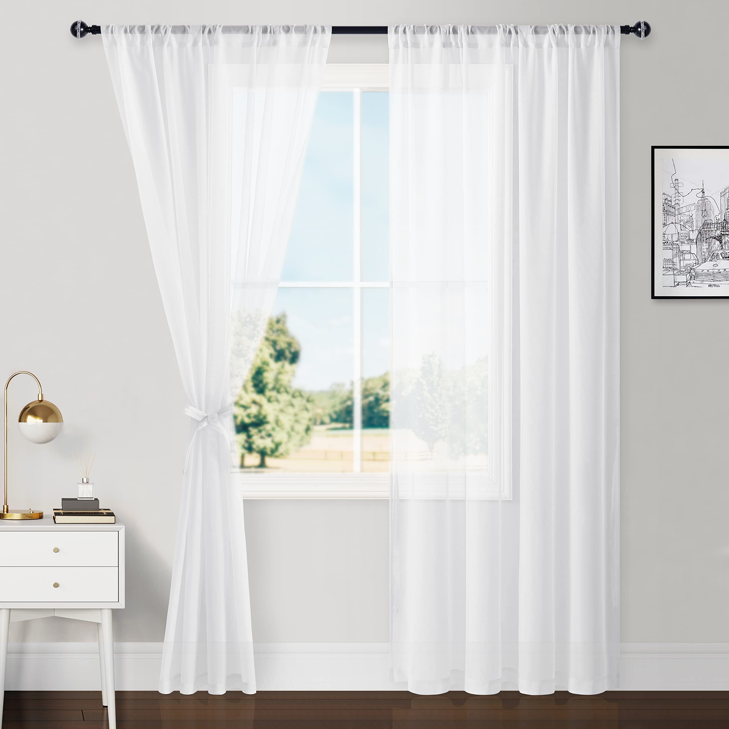Hiasan Off White Sheer Curtains For Bedroom With Tiebacks, Rod Pocket Light Filtering Voile Drapes Airy Breathable Window Curtai