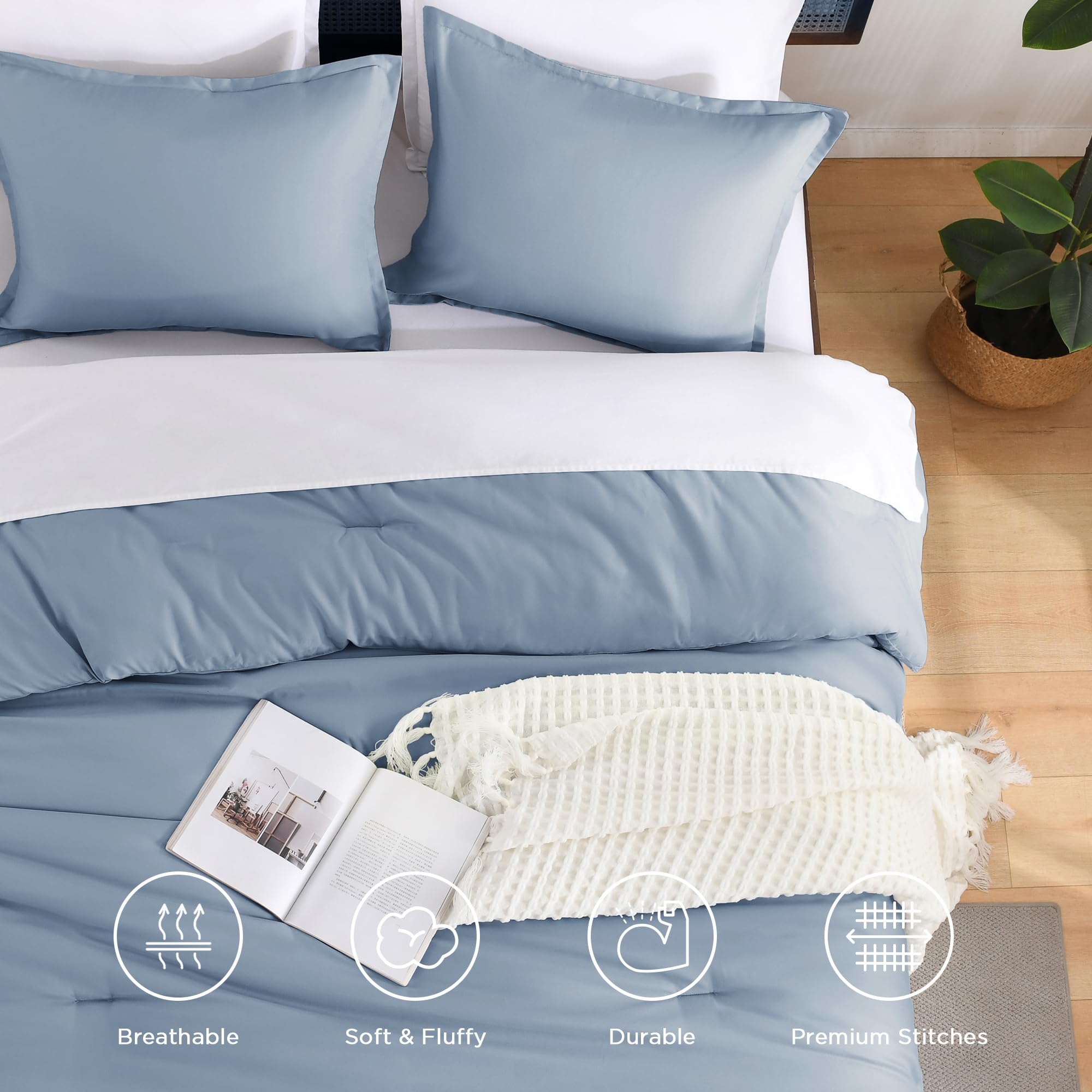 Andency Grayish Blue Comforter Set Queen Size, 3 Pieces Solid Boho Lightweight Bedding Comforter Set, All Season Soft Bed Comforter Set For Kids Teens Adults (90X90In Comforter)