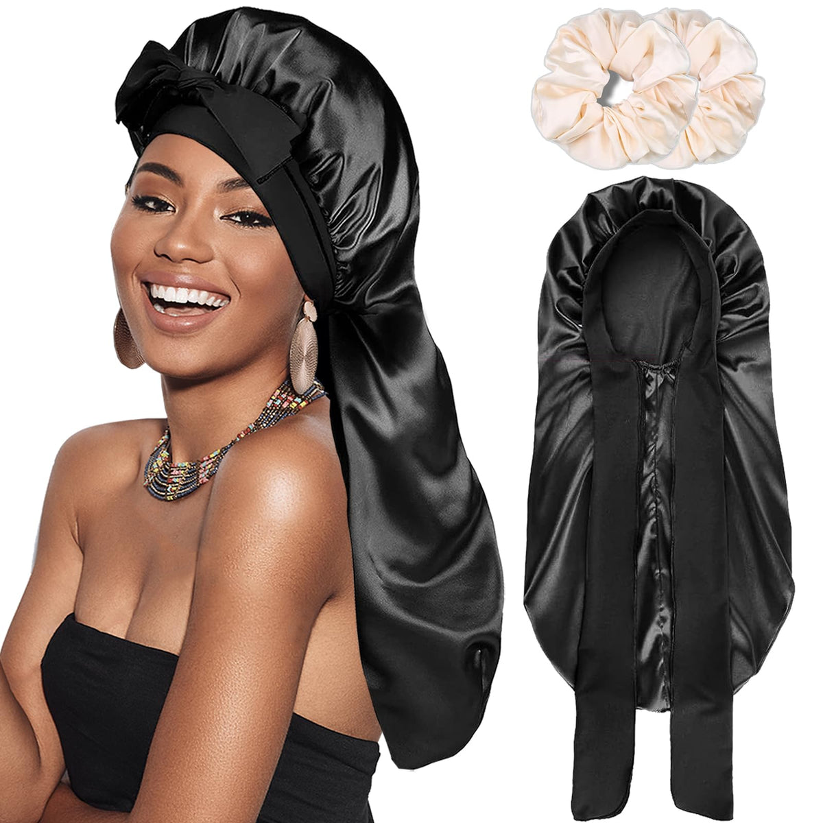 Silk Satin Hair Bonnet for Sleeping - Bonnets for Braids Black Women Curly Hair,Silk Hair Wrap for Sleeping,Tie Band Long Big Si