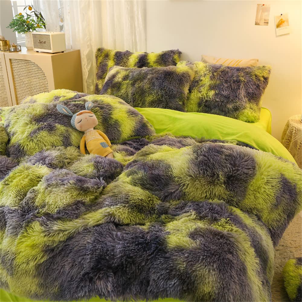 Chovy Faux Fur Plush Tie-Dyed Green Comforter Sets Twin/Full Size - Ultra Soft Shaggy Flannel Velvet Fluffy Fuzzy 3Pc Bedding Se