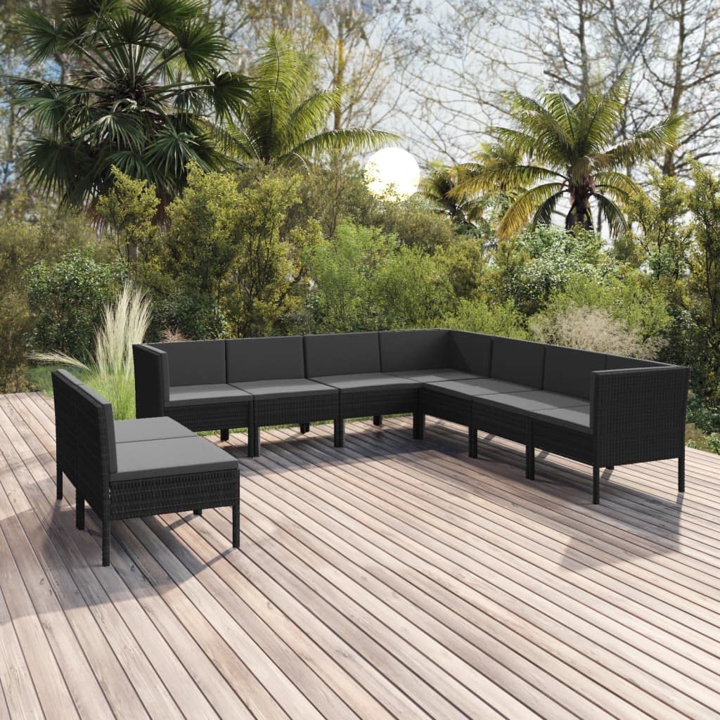 vidaXL Patio Lounge Set 9 Piece with Cushions Outdoor Garden Terrace Wooden Sofa Seating Seat Lounging Set Furniture Poly Rattan Black