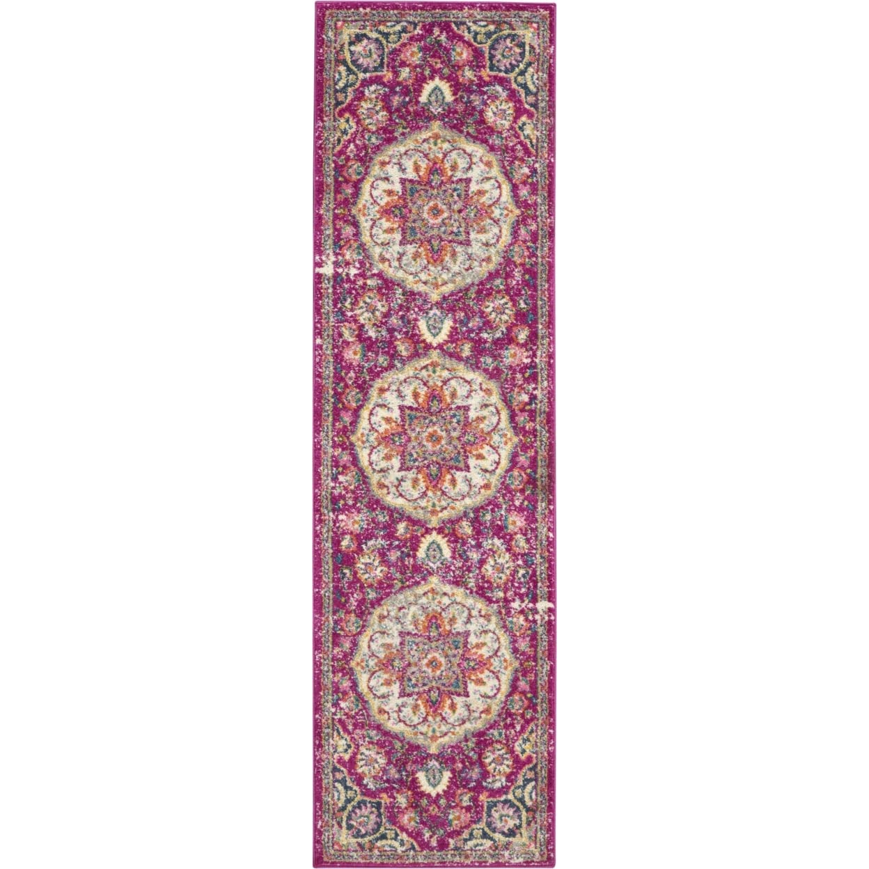 HomeRoots 100% Polypropylene 2’ x 6’ Pink and Ivory Medallion Runner Rug
