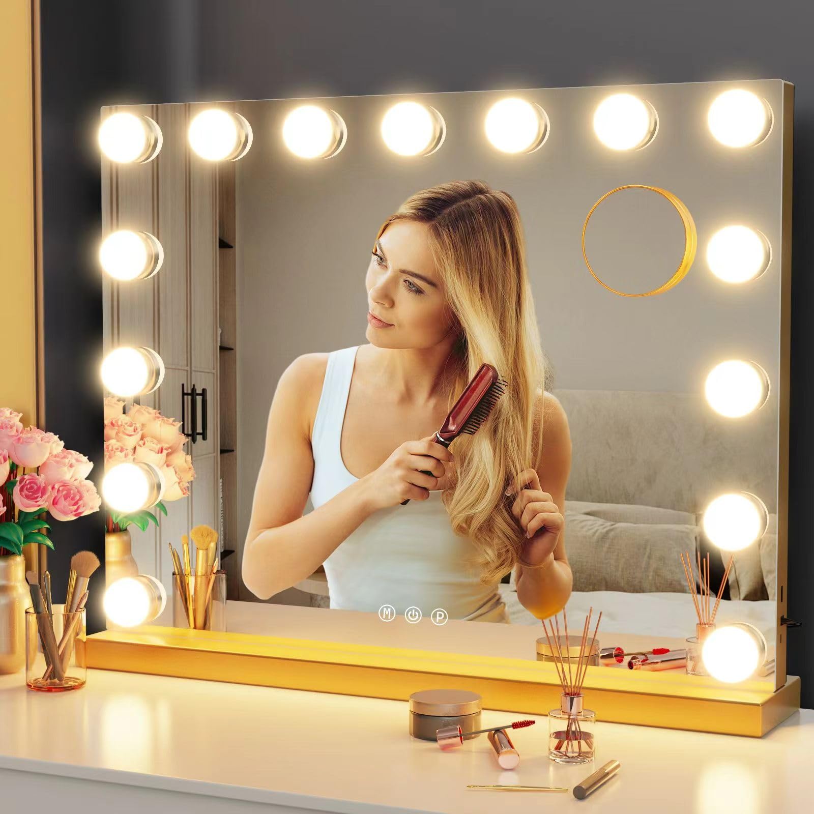 Gvnkvn 22.8 X 18.2 Vanity Makeup Mirror With Lights, 10X Magnification,Large Hollywood Lighted Vanity Mirror With 15 Dimmable Le