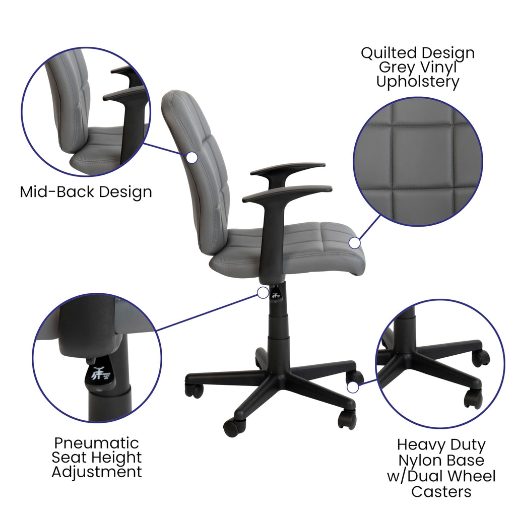 Flash Furniture Clayton Mid Back Swivel Task Chair with Arms - Gray Vinyl Upholstery - Tufted Back and 360?Swivel