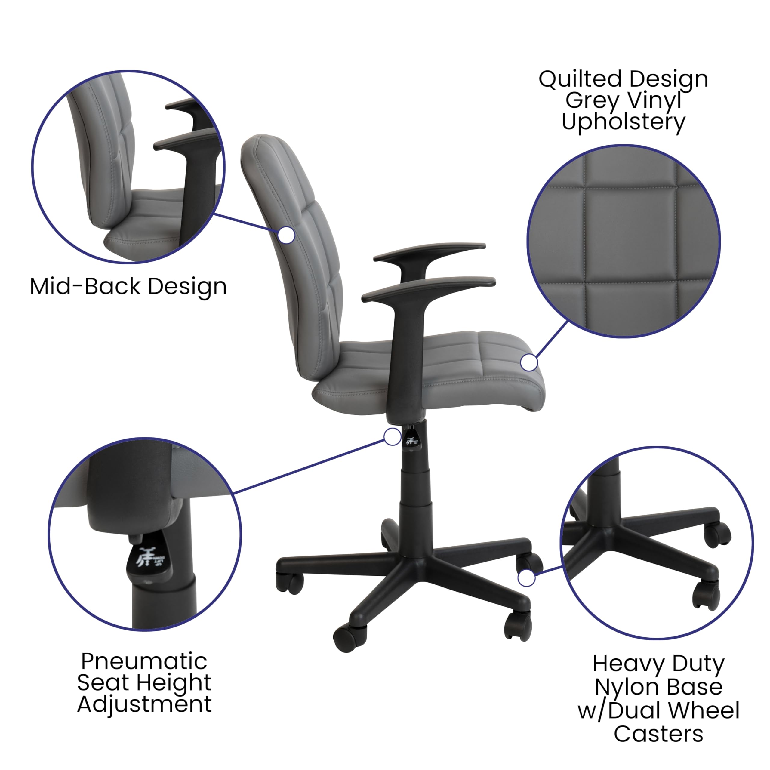 Flash Furniture Clayton Mid Back Swivel Task Chair with Arms - Gray Vinyl Upholstery - Tufted Back and 360?Swivel