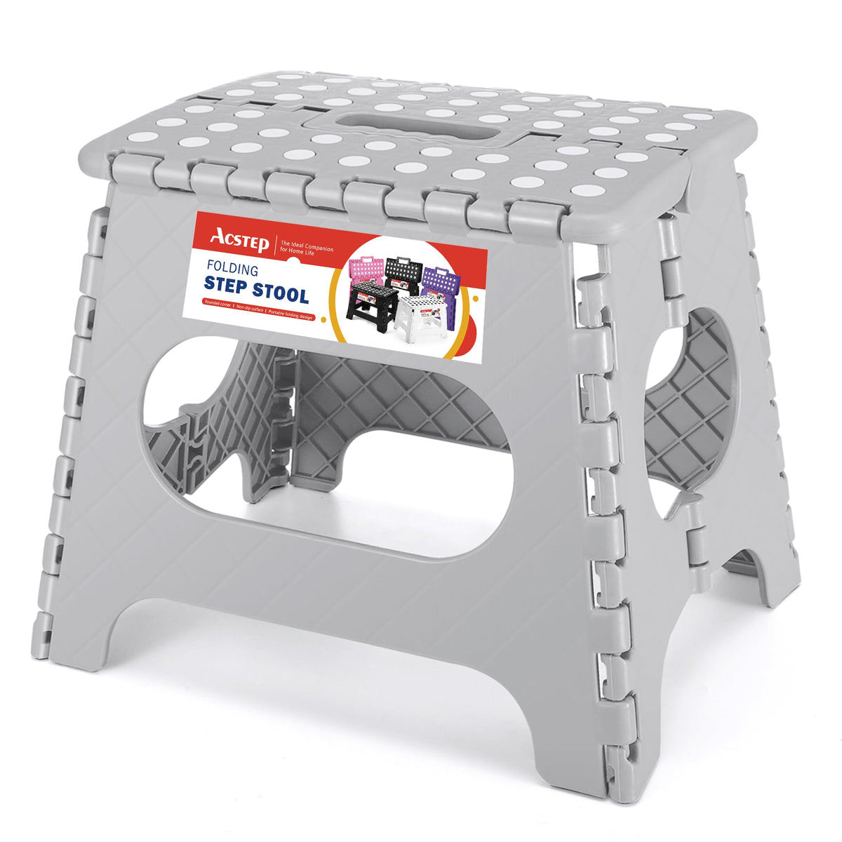 Acstep Folding Step Stool 11'' Foldable Step Stool For Kids And Adults Up To 300 Lbs, Non-Slip Folding Stools With Portable Handle For Bedroom Kitchen, Bathroom Grey