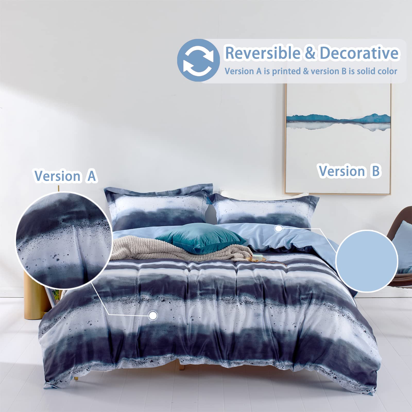 Mildly 100% Long-Staple Cotton Duvet Cover Set Navy & White Striped Watercolor Pattern Printed Comforter Cover 3Pcs, Ultra Soft