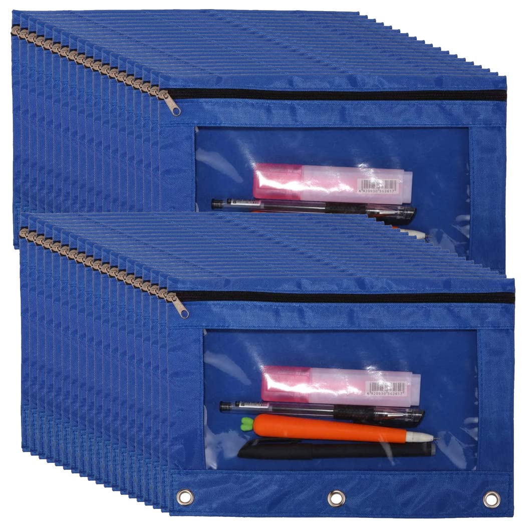 Yoeejob 36 Pack 3 Ring Binder Pencil Pouch With Clear Window, Clear Zipper Pencil Case Bulk Suitable For School And Office(Blue)