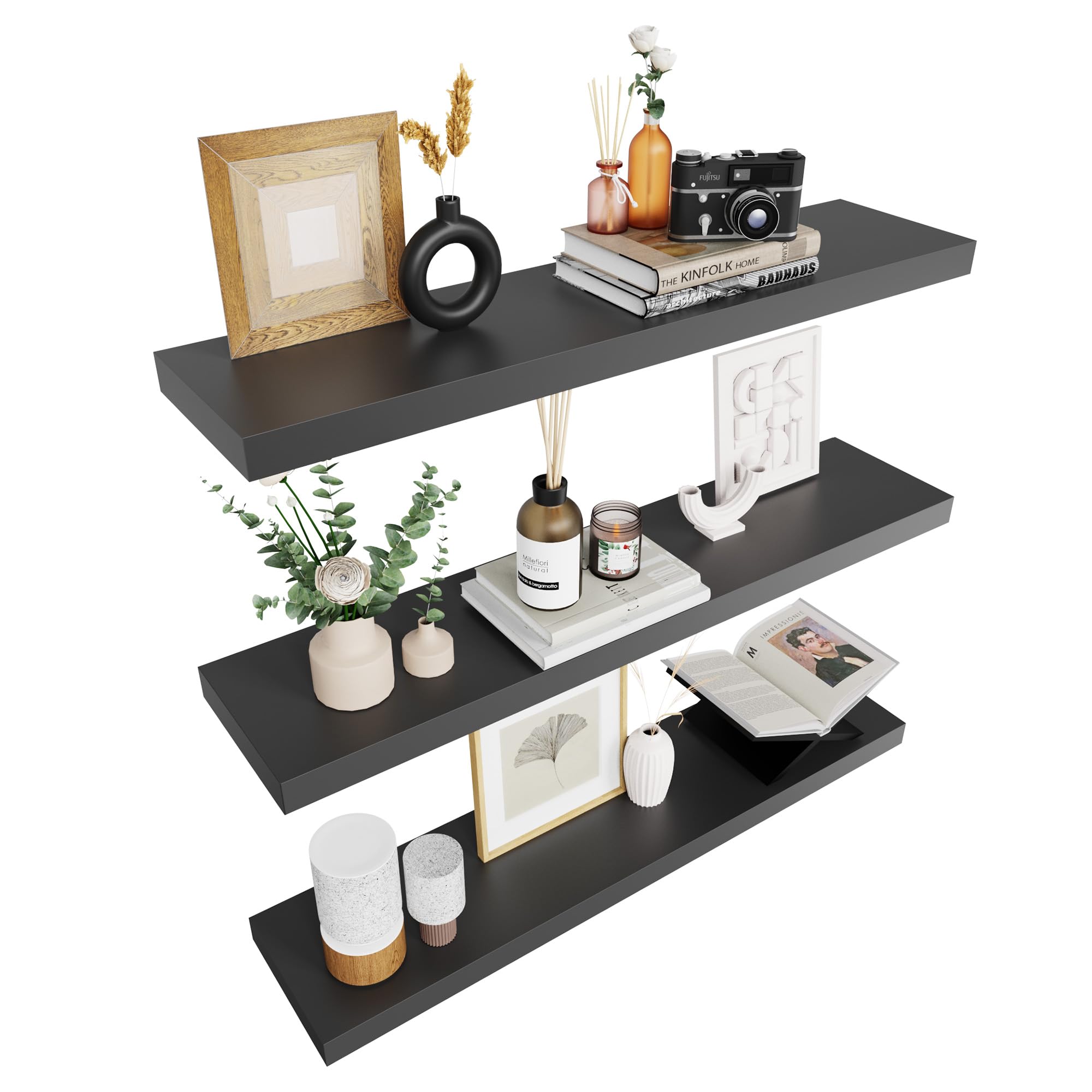 Colima Floating Shelves For Wall Black Wood Wall Shelf For Bedroom, 36 Inch Wall Mounted Floating Shelves For Bathroom Living Room Kitchen Office, 1.3' Thick Floating Book Shelves For Wall, Set Of 3