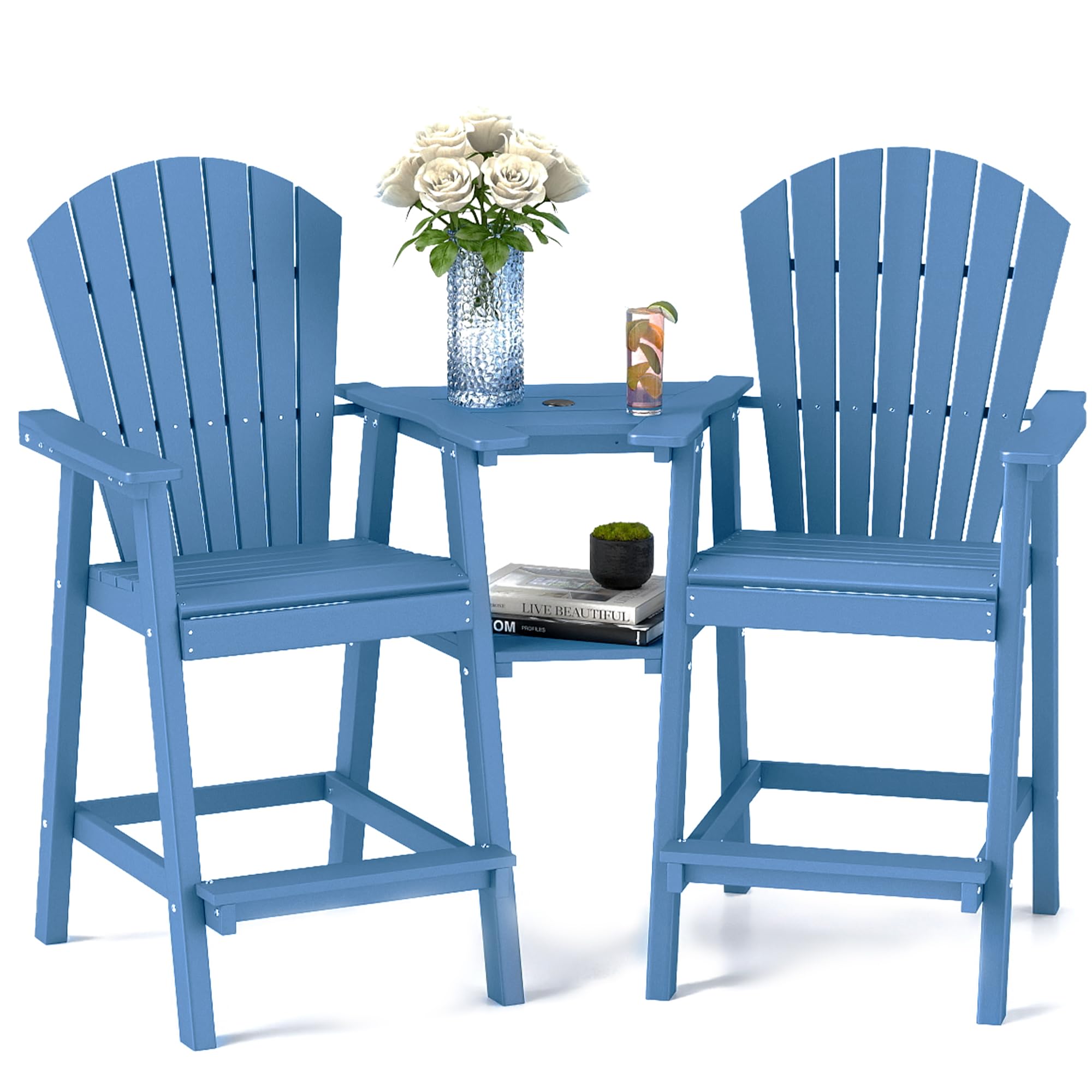 Foowin Tall Adirondack Chairs Set Of 2,Recycled Poly Balcony Chair With Double Connecting Tray Patio Stools Weather Resistant Fo