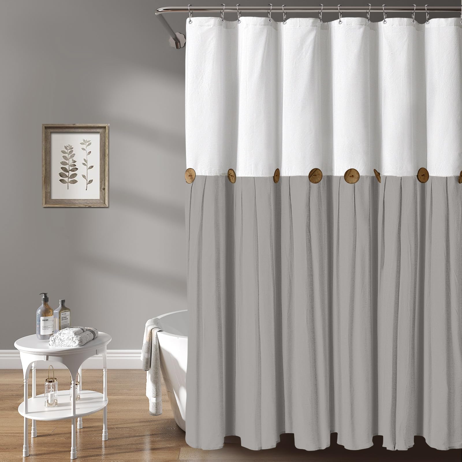 Awellife Farmhouse Shower Curtain For Bathroom Linen And Cotton Woven Fabric Country Rustic Style Shower Curtain Set (White & Grey, 72' L X 72' W)