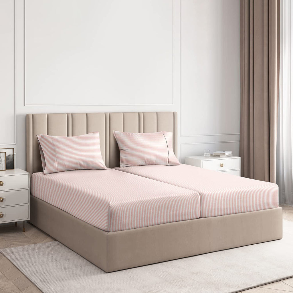 Split King Size 5 Piece Bedding Sheet Set - Breathable & Cooling - Hotel Luxury Bed Sheets Set - Easy Fit - Soft, Wrinkle Free & Comfy Blush Stripes Oeko-Tex Bedding Sheets - Deep Pockets 5 Piece Set