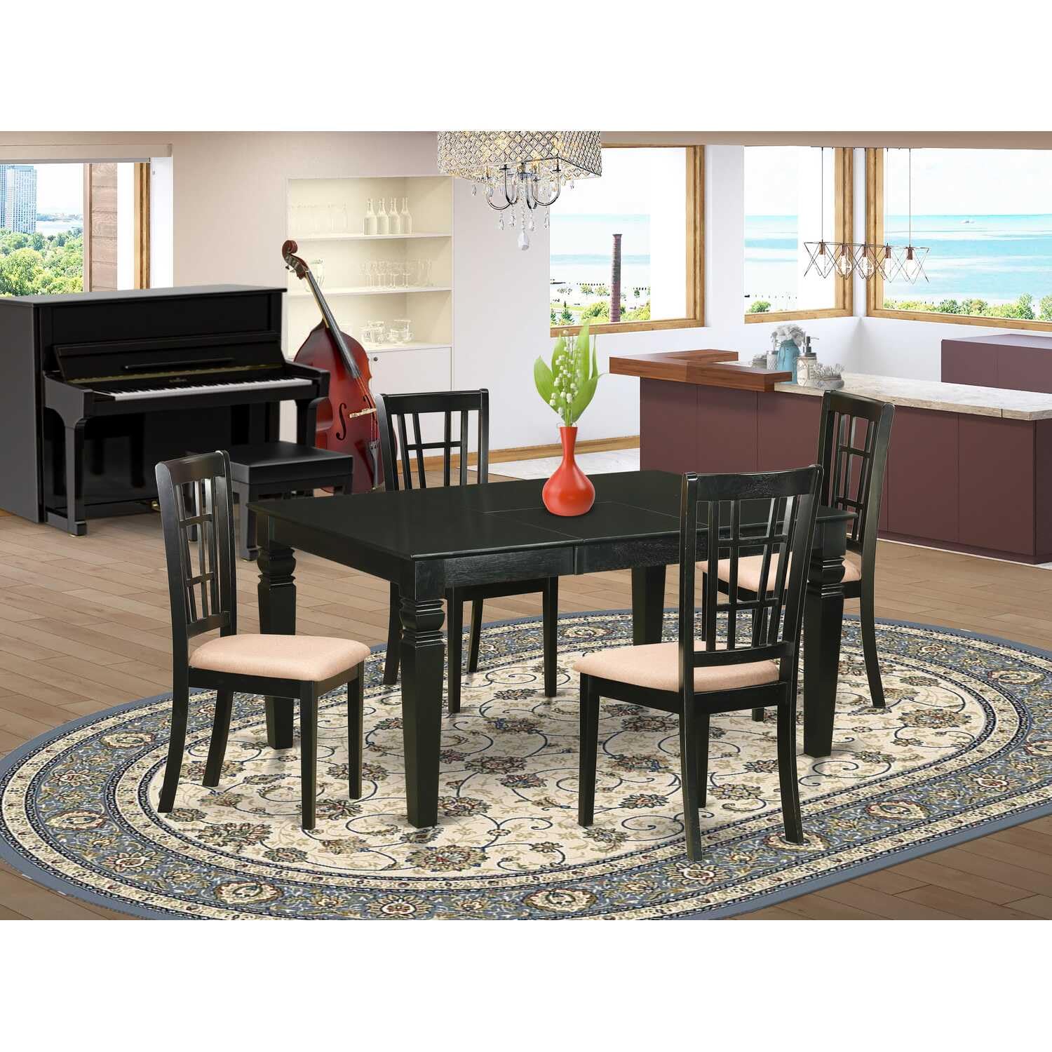 East West Furniture WENI5-BLK-C 5 Piece Dining Room Furniture Set Includes a Rectangle Kitchen Table with Butterfly Leaf and 4 Linen Fabric Upholstered Chairs, 42x60 Inch, Black