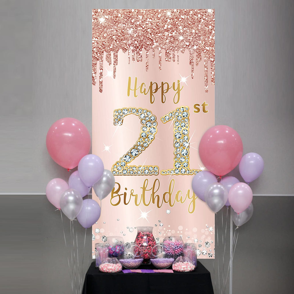 Happy 21St Birthday Door Banner Backdrop Decorations For Women, Pink Rose Gold 21 Birthday Party Door Cover Sign Supplies, 21 Ye