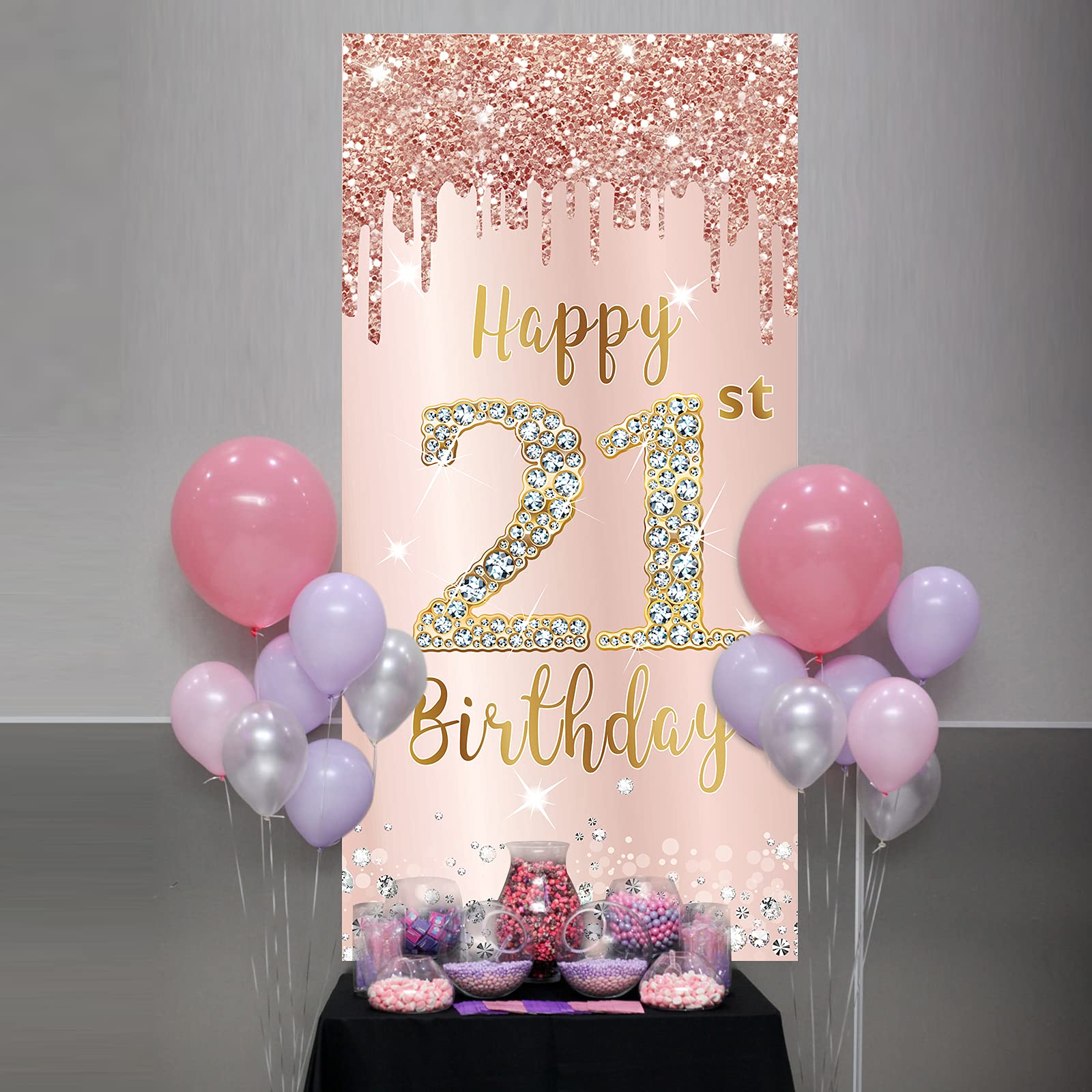 Happy 21St Birthday Door Banner Backdrop Decorations For Women, Pink Rose Gold 21 Birthday Party Door Cover Sign Supplies, 21 Ye