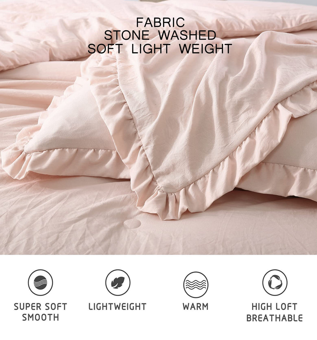 Chezmoi Collection Nora 3-Piece Ruffled Edge Trim Soft Washed Microfiber Comforter Set (Oversized King, Blush)