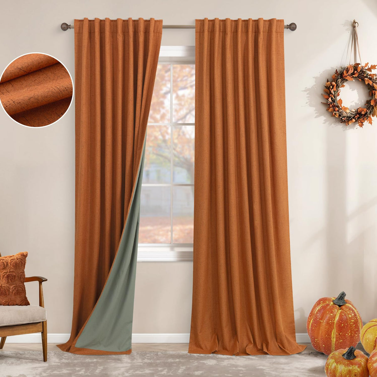 Koufall 96 Inch Curtains 2 Panel Set,Burnt Orange Linen Textured Pleated Blackout Living Room Black Out Curtain Drapes 96 Inches