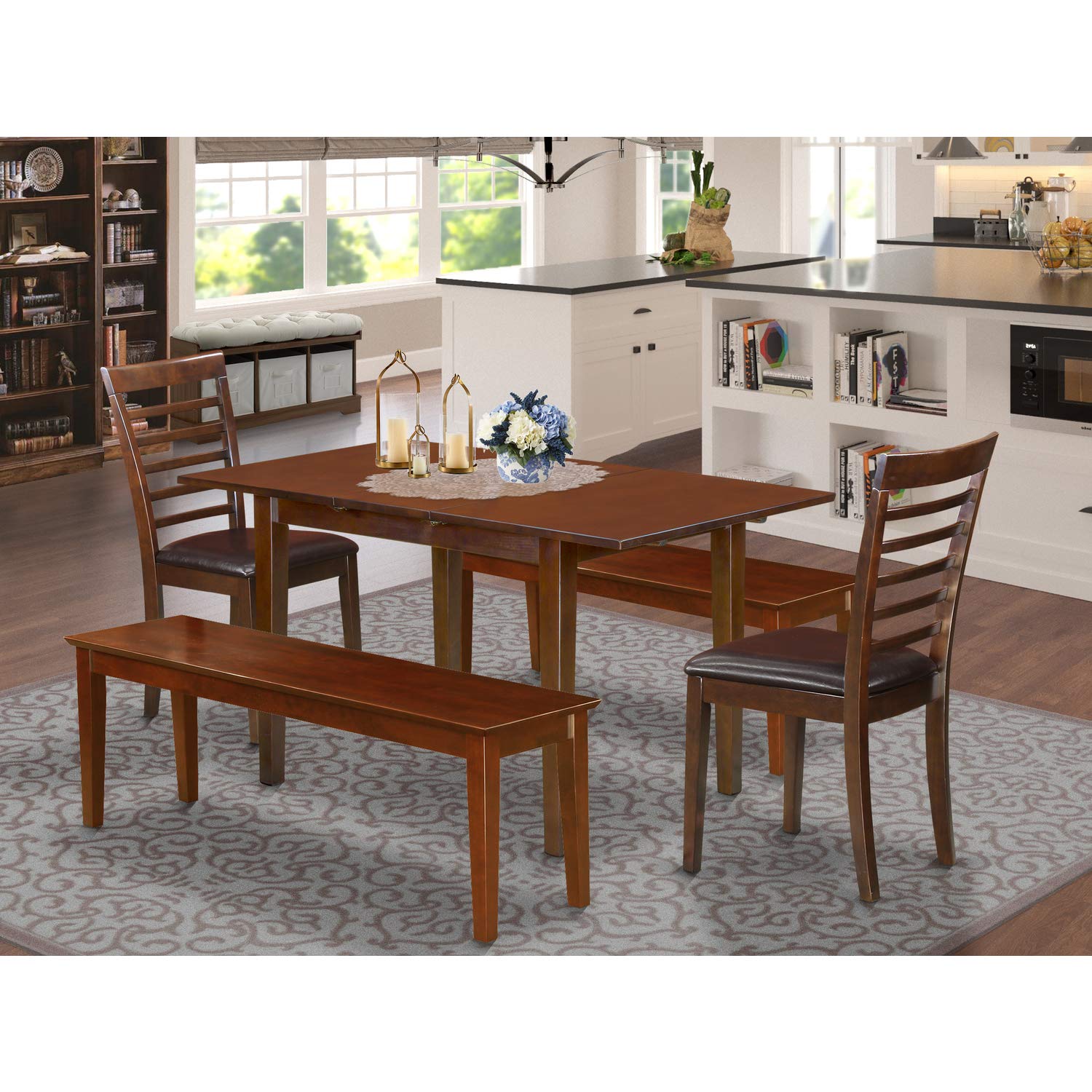 East West Furniture Noml5C-Mah-Lc 5 Pc Kitchen Nook Dining Set - Table Plus 2 Dining Table Chairs And 2 Benches