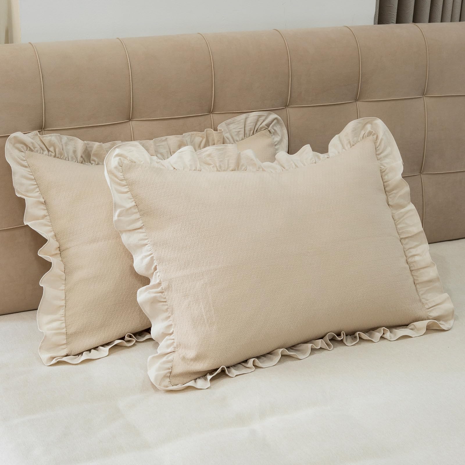 Glory Season Pillow Shams Set Of 2 Pure Cotton Champray Ruffled Edge,Thick And Solid Washed Dobby Heavy Fabric (King 20X36 Inche