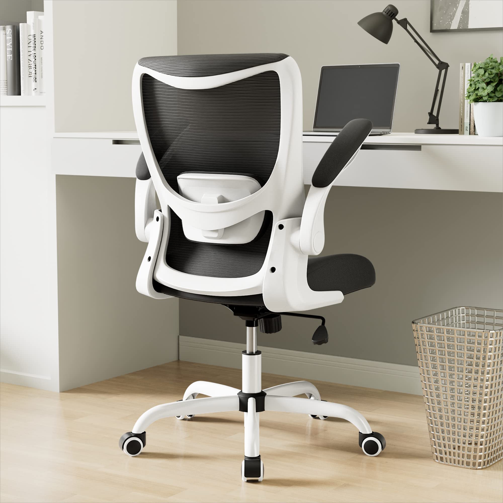 Muxx.Stil Office Chair, Ergonomic Desk Chair With Adjustable Lumbar Support And Flip Up Armrest, Breathable Mesh Computer Chair For Home Office, White