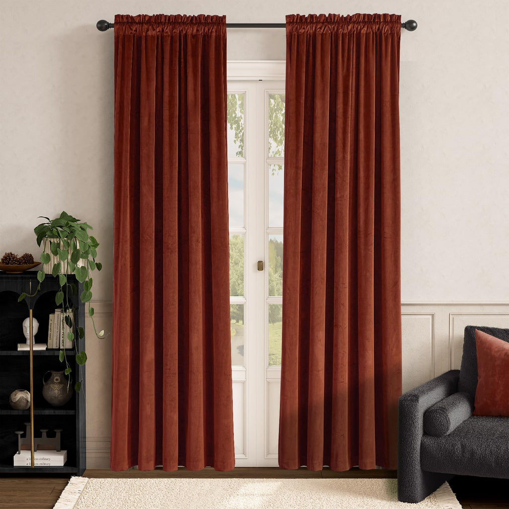 Lazzzy Rust Red Velvet Curtains Room Darkening Thermal Insulated Curtains 90 Inch Length Window Drapes For Bedroom Living Room Super Soft Luxury Rod Pocketwindow Treatment 2 Panels