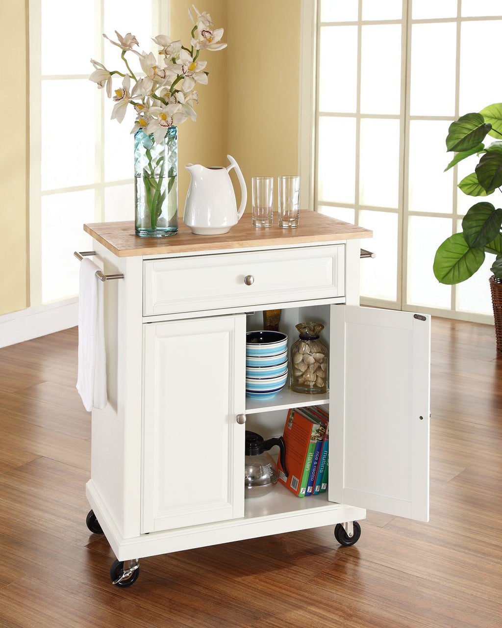 Crosley Furniture Compact Wood Top Small Rolling Cart with Shelves, Microwave Stand with Towel Rack, White