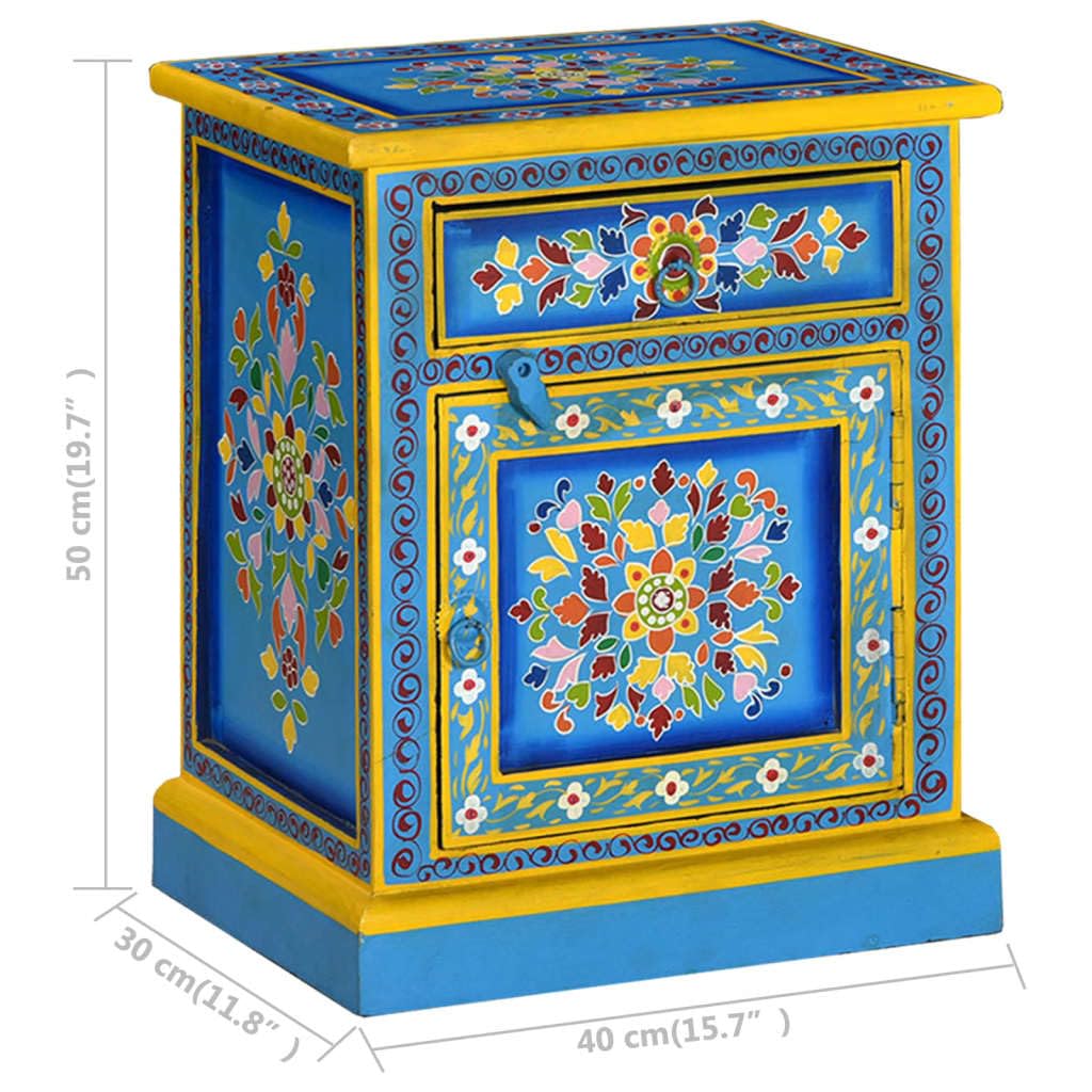 vidaXL Handmade Solid Mango Wood Bedside Cabinet with Hand-Painted Turquoise Details - Retro-Style Nightstand with Drawer and Cabinet