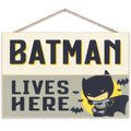 DC Comics Batman Sign - Superhero Hanging Wood Wall Decor for Kids Bedroom or Nursery - Batman Lives Here