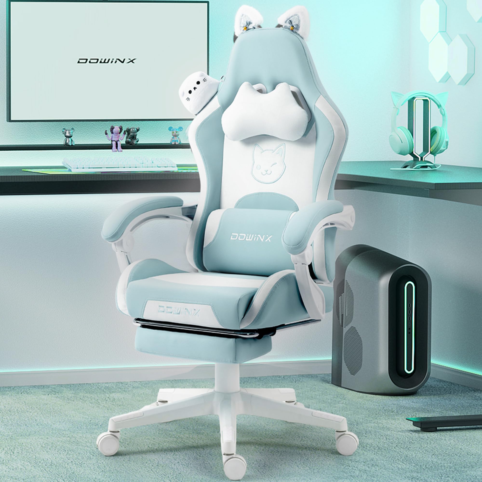 Dowinx Gaming Chair Cute With Cat Ears And Massage Lumbar Support, Ergonomic Computer Chair For Girl With Footrest And Headrest, Comfortable Reclining Game Chair 290Lbs For Adult, Teen, Blue Green