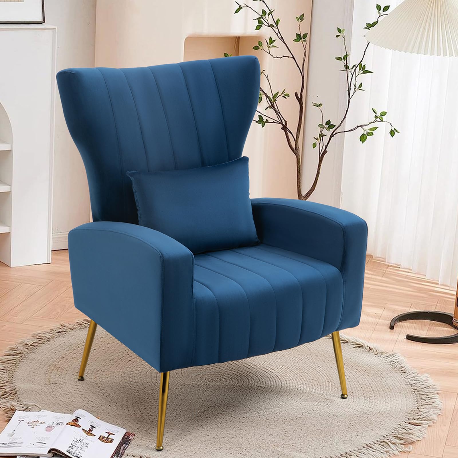 Zjhome Modern Living Room Chairs Velvet Accent Armchair With Lumbar Pillow, High Back Bedroom Chairs Vanity Chair Barrel Arm Cha