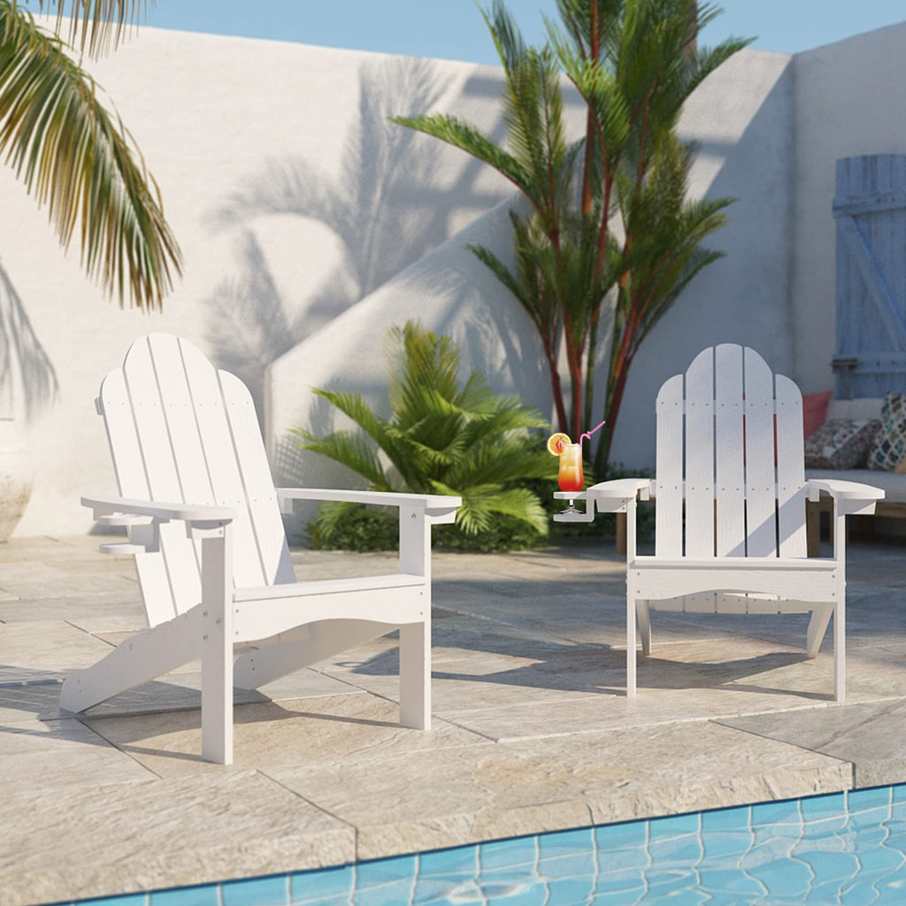 Lue Bona Adirondack Chairs Set Of 2, White Poly Adirondack Chairs With Cup Holder, 300Lbs Modern Adirondack Chair Weather Resistant, Outdoor Patio Chair For Fire Pit, Patio, Law, Balcony, Backyard