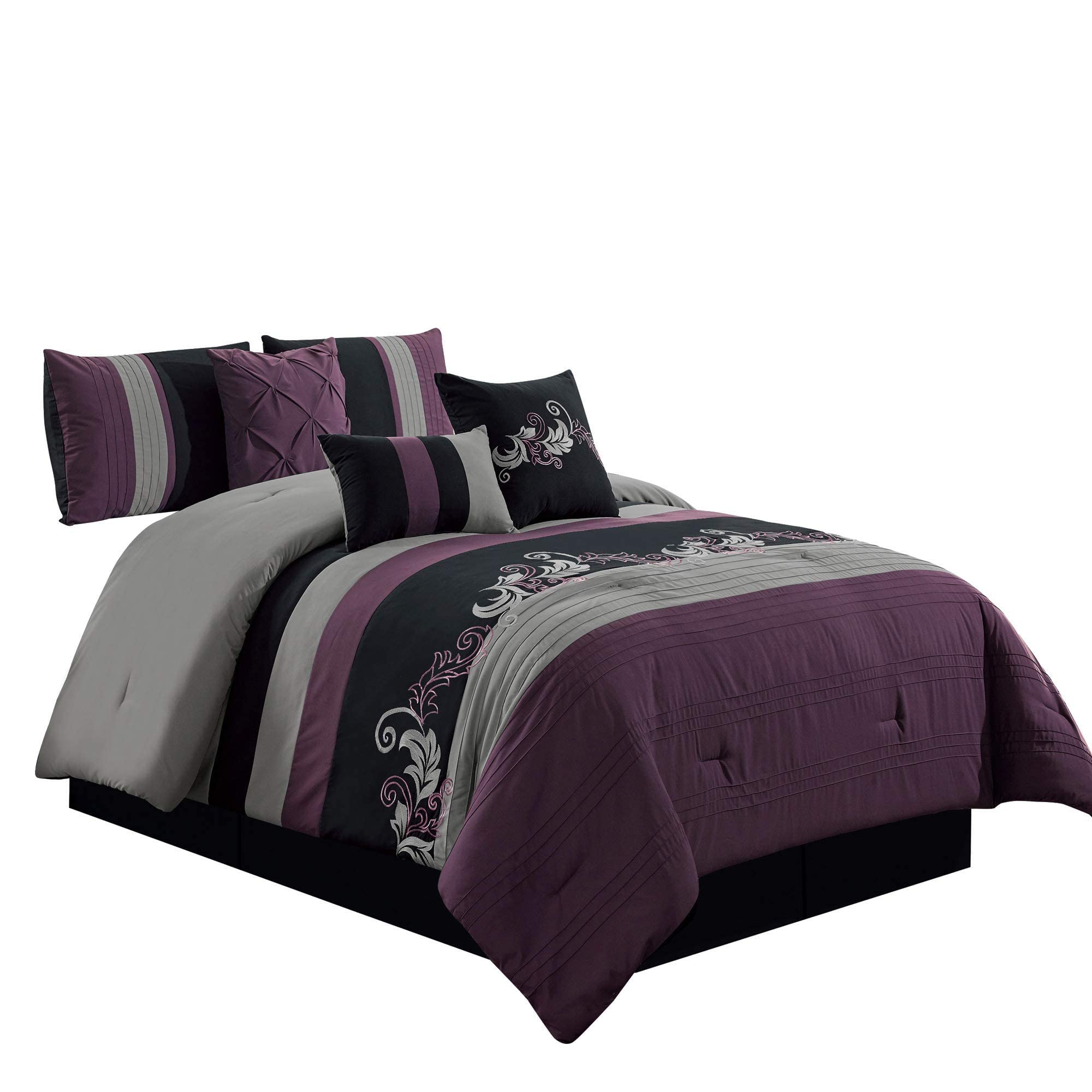 Chezmoi Collection Napa 7-Piece Luxury Leaves Scroll Embroidery Bedding Comforter Set (Oversized King, Purple/Black/Gray)