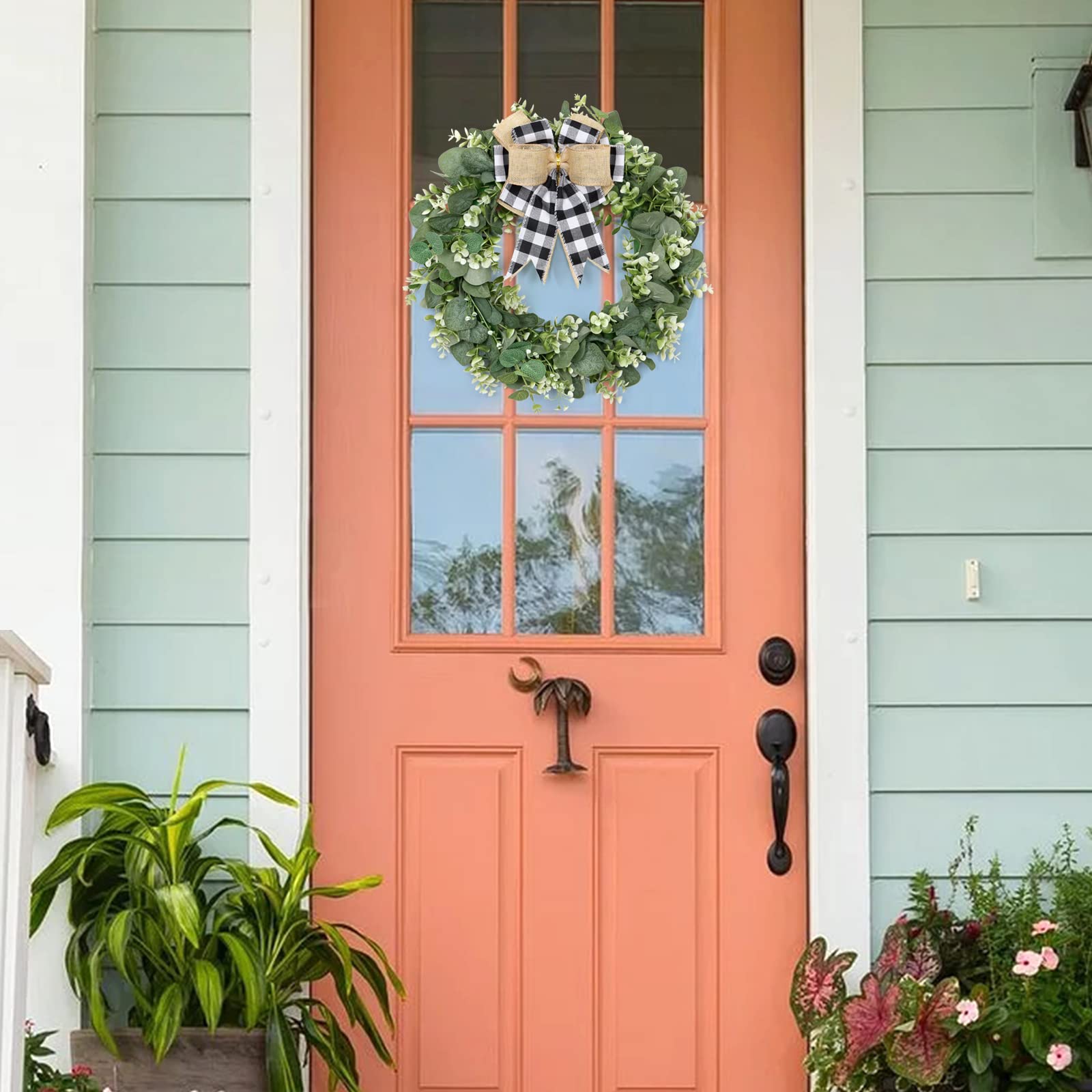 Dremisland Buffalo Plaid Wreath-16 Inch Artificial Eucalyptus Wreath With Plaid Bow | Spring Summer Fall Wreath For Front Door F