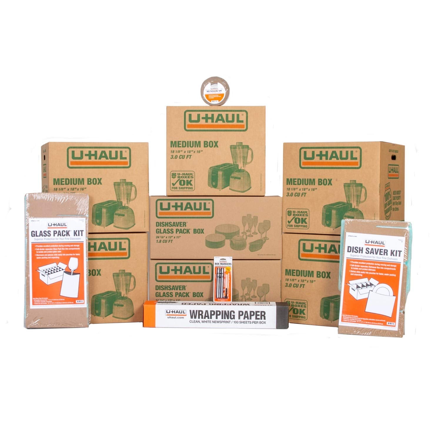 U-Haul Kitchen Moving Kit - Includes 1 Dish Packing Kit, 1 Glass Packing Kit, 5 Medium Boxes, Packing Paper, Cushion Foam, Tape,