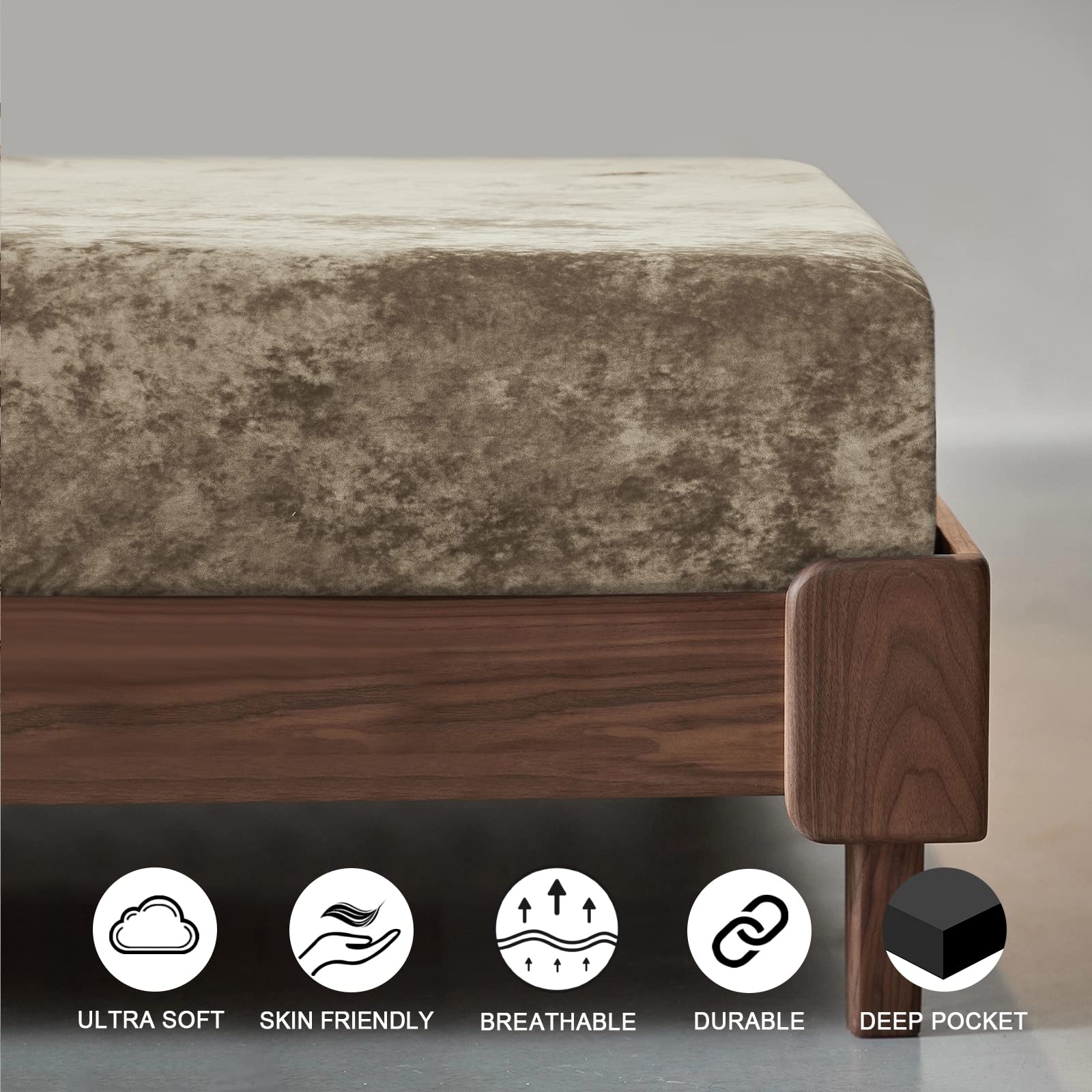 Phf Truly Velvet Fitted Sheet Only California King Size, Luxury Super Soft Cozy Comfy Fleece Bottom With 15' Deep Pocket, Suitable For Fall Winter And Spring, No Pillowcases, Khaki