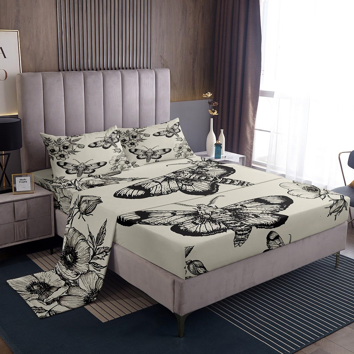 Manfei Death Moth Sheet Set Twin Size Flower Goth Skull Moth Bedding Set 3pcs with Deep Pocket Fitted Sheet + Flat Sheet + 1 Pil