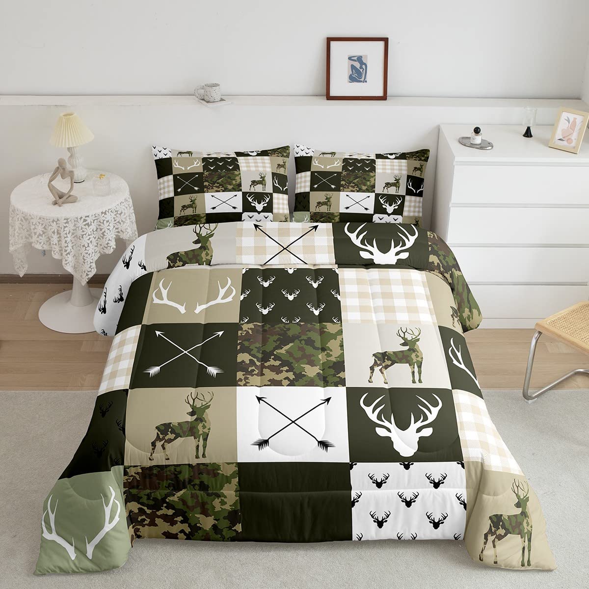 Camo Deer Kids Comforter Set Full Size,Deer Antlers Rustic Hunting Arrows Bedding Set,Girls Boys Adults Cabin Decor,Geometric Pl