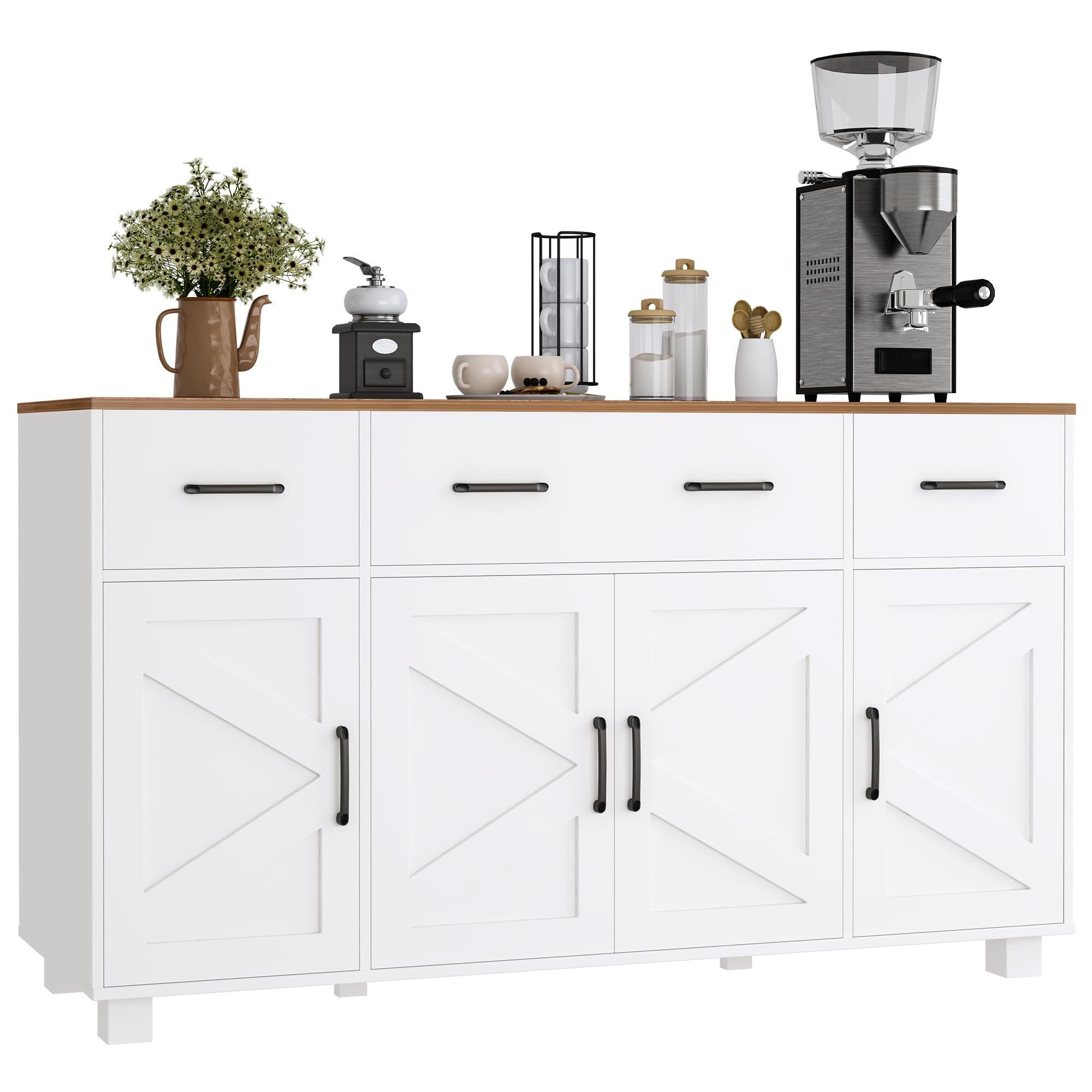 VVFLU 55 Sideboard Buffet Cabinet with Storage, Coffee Bar Cabinet with 3 Drawers and 4 Barn Doors, Long Storage Cabinet Modern 