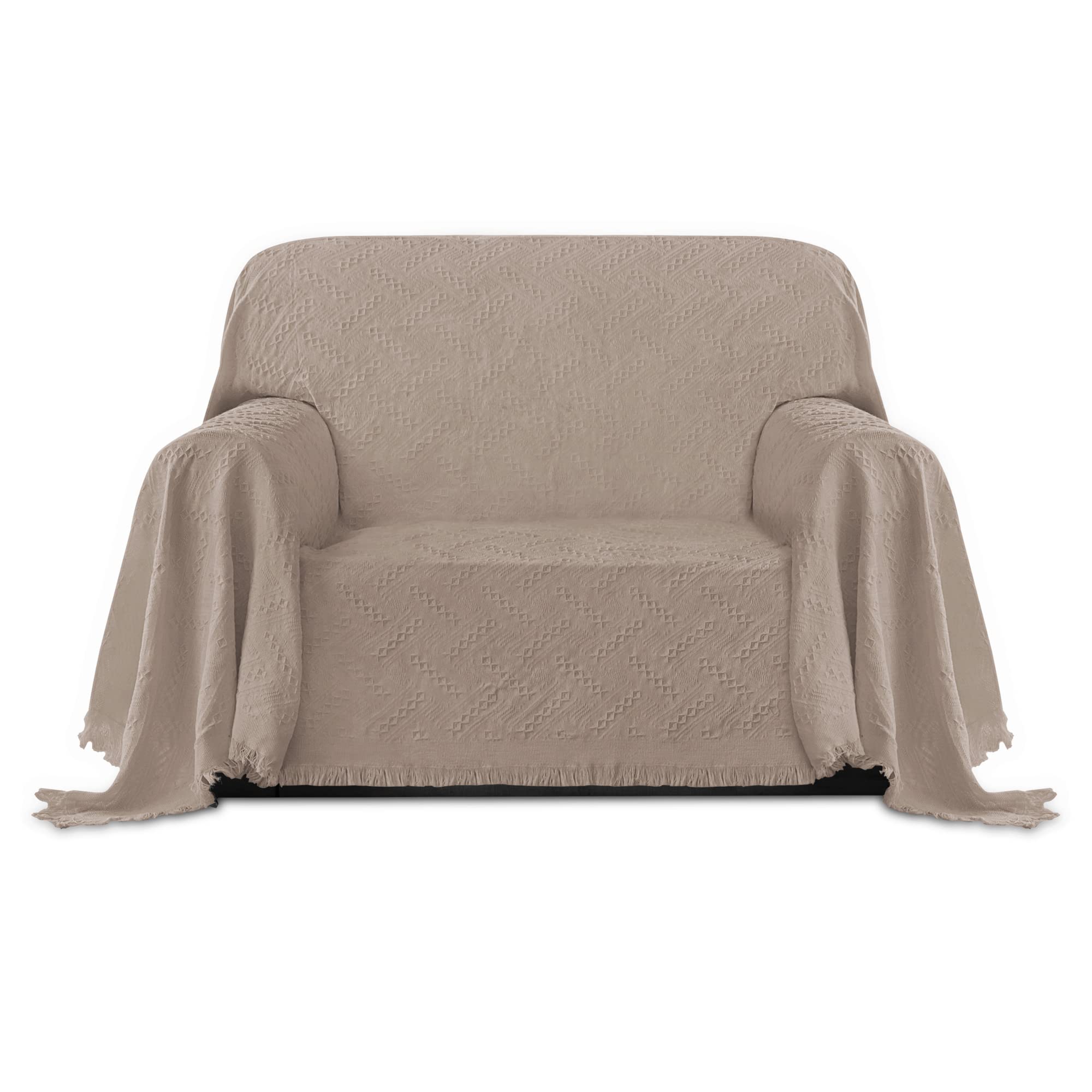 Purefit Geometric Jacquard Throw Sofa Cover - Textured Soft Washable Decorative Couch Covers For 3 Cushion Couch, Throw Cover With Tassels Furniture Protector For Pets, Kids (Small, Camel)