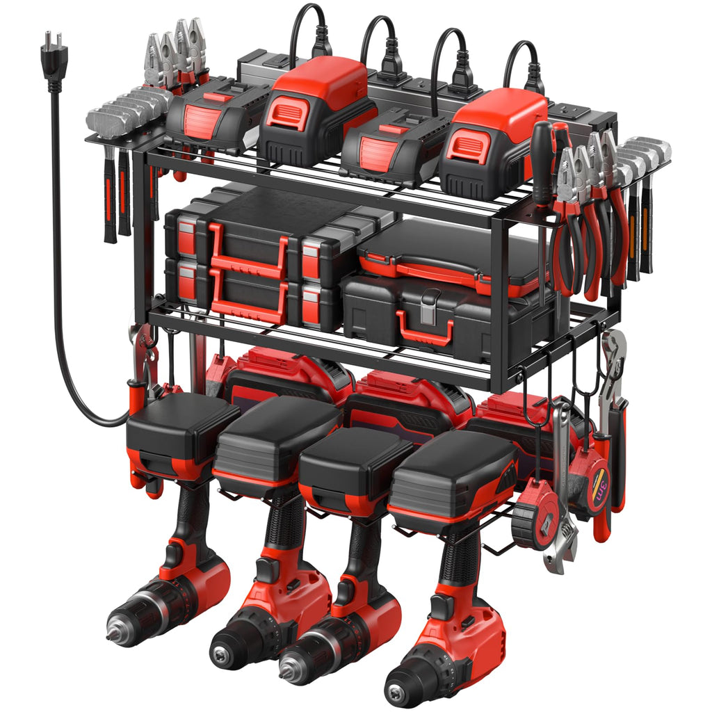Junnuj Tool Organizer With Charging Station, 3 Layers Wall Mount Garage Tools Storage With 8 Outlets Power Strip, 4 Drills Holder Battery Heavy Duty Metal Shelf, Utility Rack With Hooks, Black