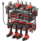 Junnuj Tool Organizer With Charging Station, 3 Layers Wall Mount Garage Tools Storage With 8 Outlets Power Strip, 4 Drills Holder Battery Heavy Duty Metal Shelf, Utility Rack With Hooks, Black