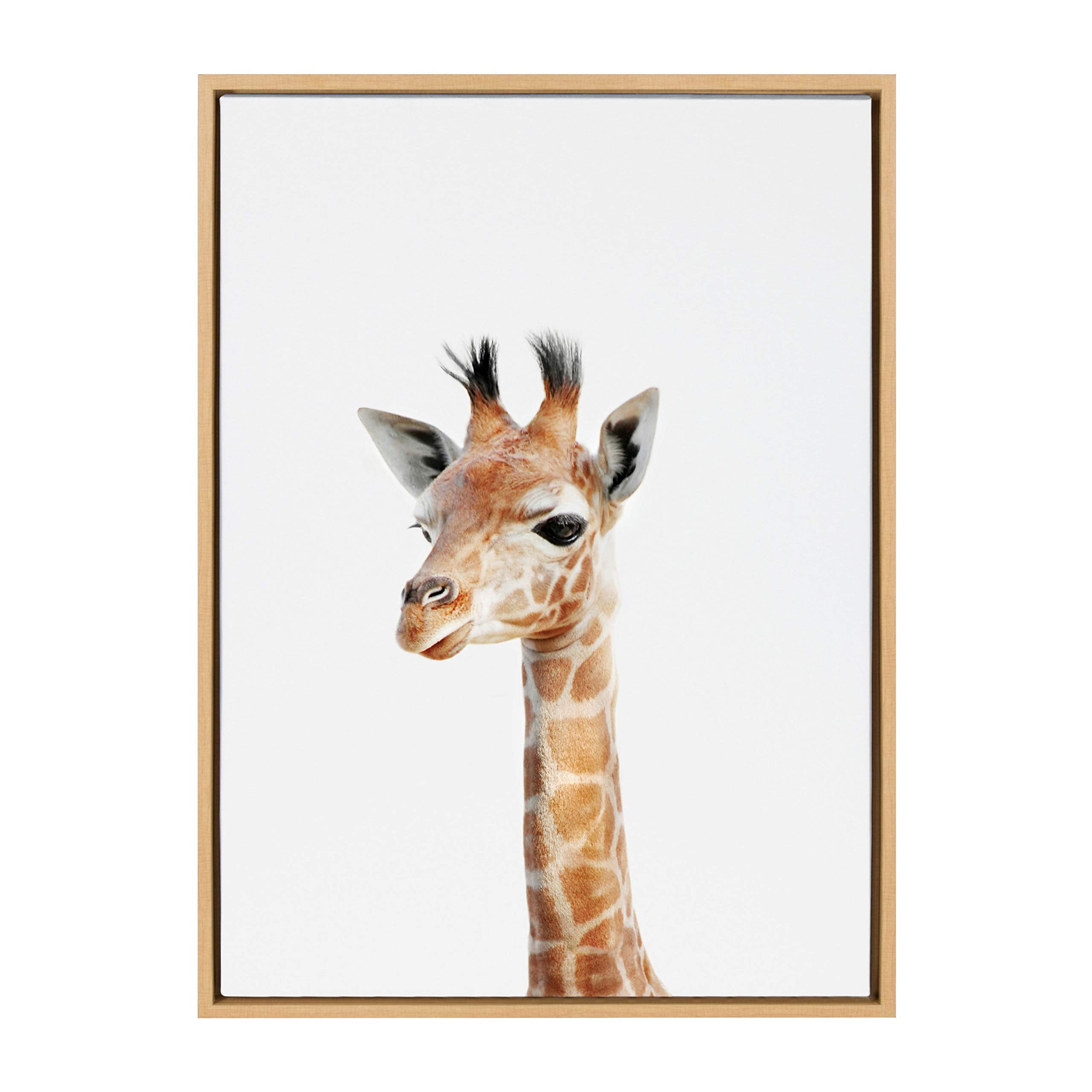 Kate and Laurel Sylvie Baby Giraffe Animal Print Portrait Framed Canvas Wall Art by Amy Peterson, 23x33 Natural