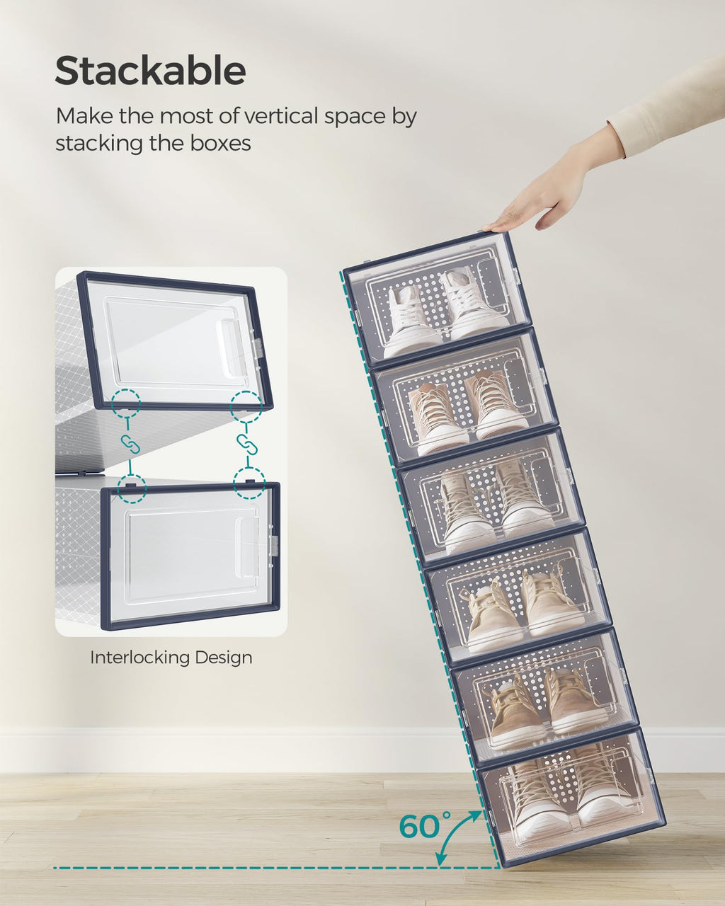 Songmics Shoe Boxes, Pack Of 12 Shoe Storage Organizers, Stackable Clear Plastic Boxes For Closet, Sneakers, 9.1 X 13.1 X 5.6 Inches, Fit Up To Us Size 11, Transparent And Charcoal Blue Ulsp12Sb30