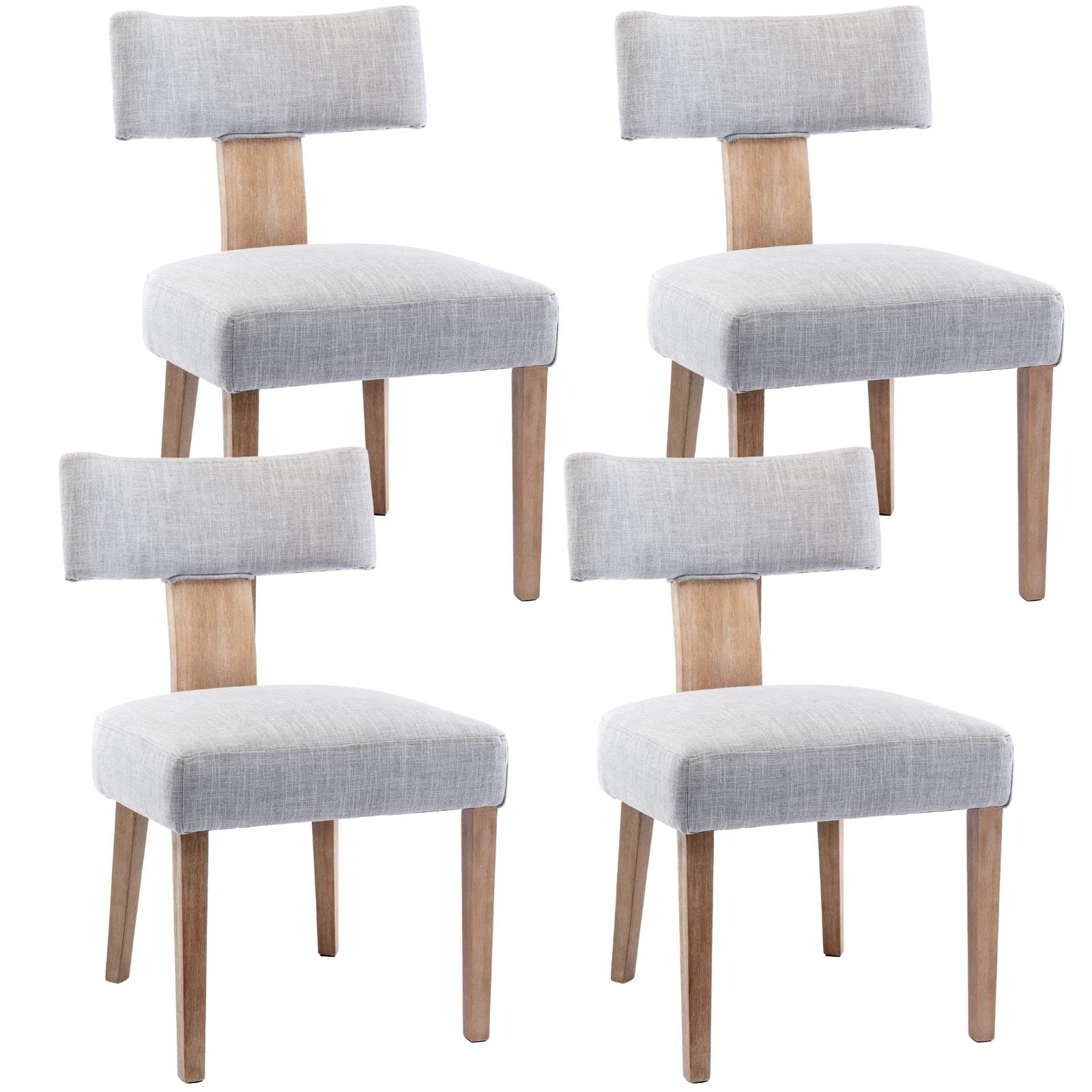 Hny Set Of 4 Mid Century Modern Dining Chairs, Farmhouse Linen Fabric Upholstered Accent Chair Curved Backrest Kitchen Chairs, W
